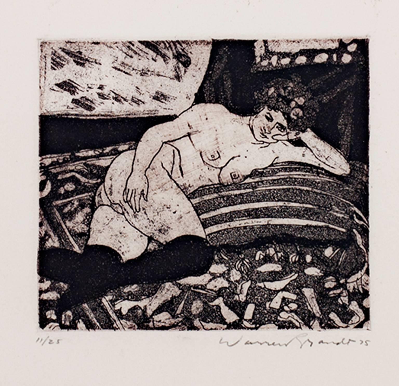 "Reclining Nude with Black Stocking, " Original Etching signed by Warren Brandt