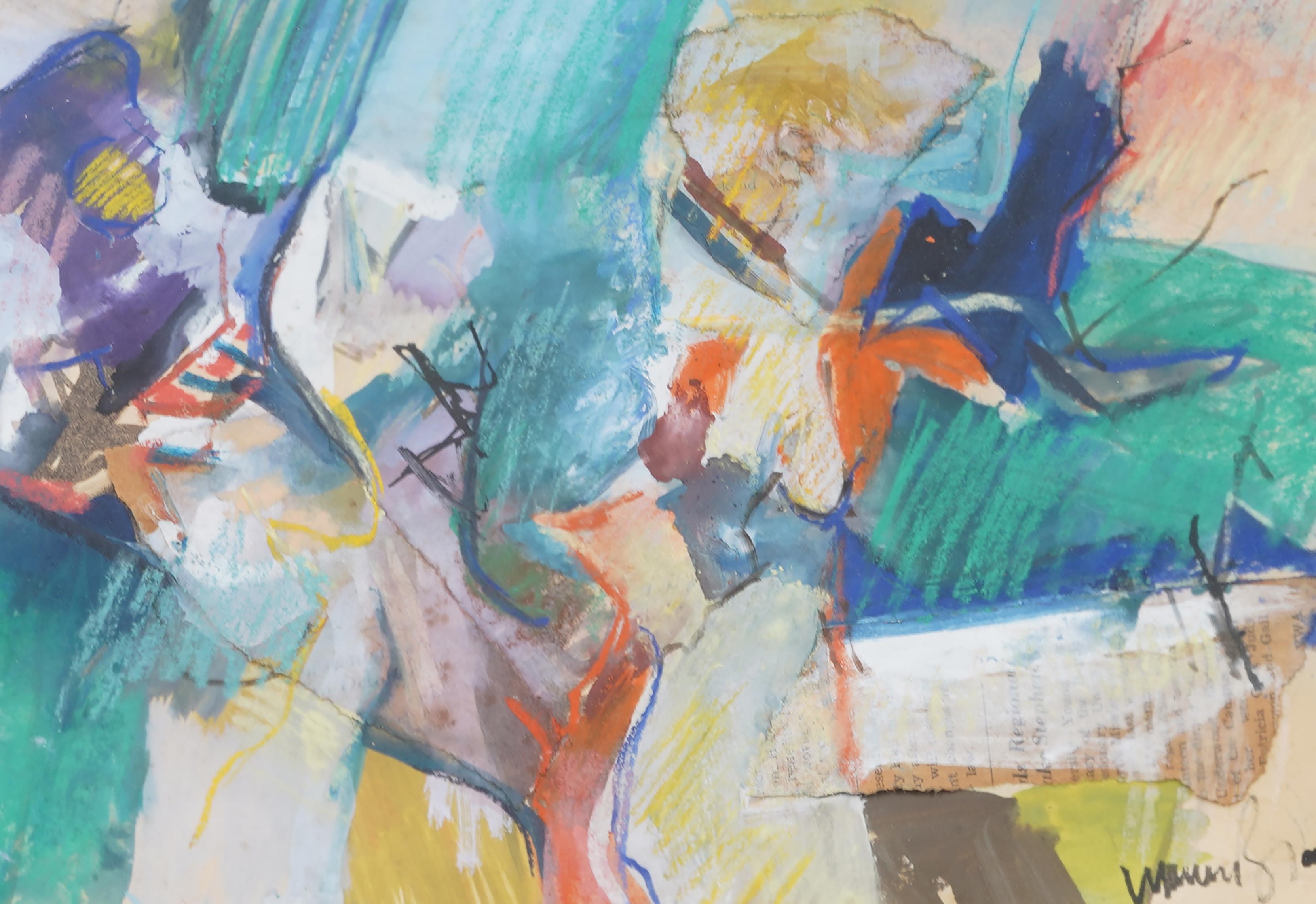 Signée et datée Warren Brandt '58, cette composition mixte dynamique de l'artiste américain Warren Brandt (1918-2002) illustre l'abstraction du milieu du siècle avec une utilisation vibrante de la couleur, de la ligne et du mouvement gestuel. Créée