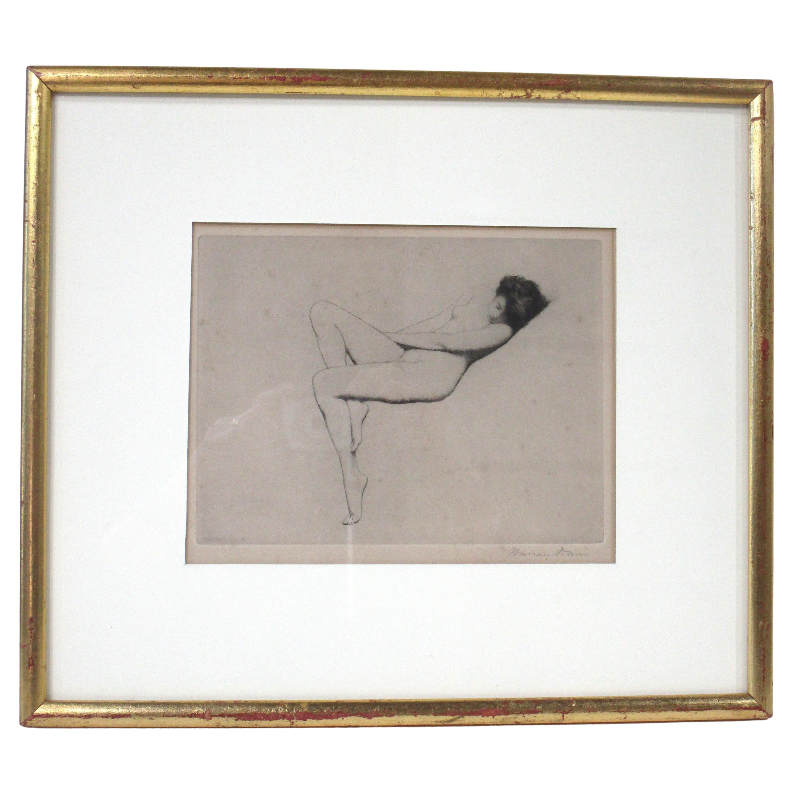 Warren Davis Estilo Arts & Crafts Desnudo reclinado Grabado firmado