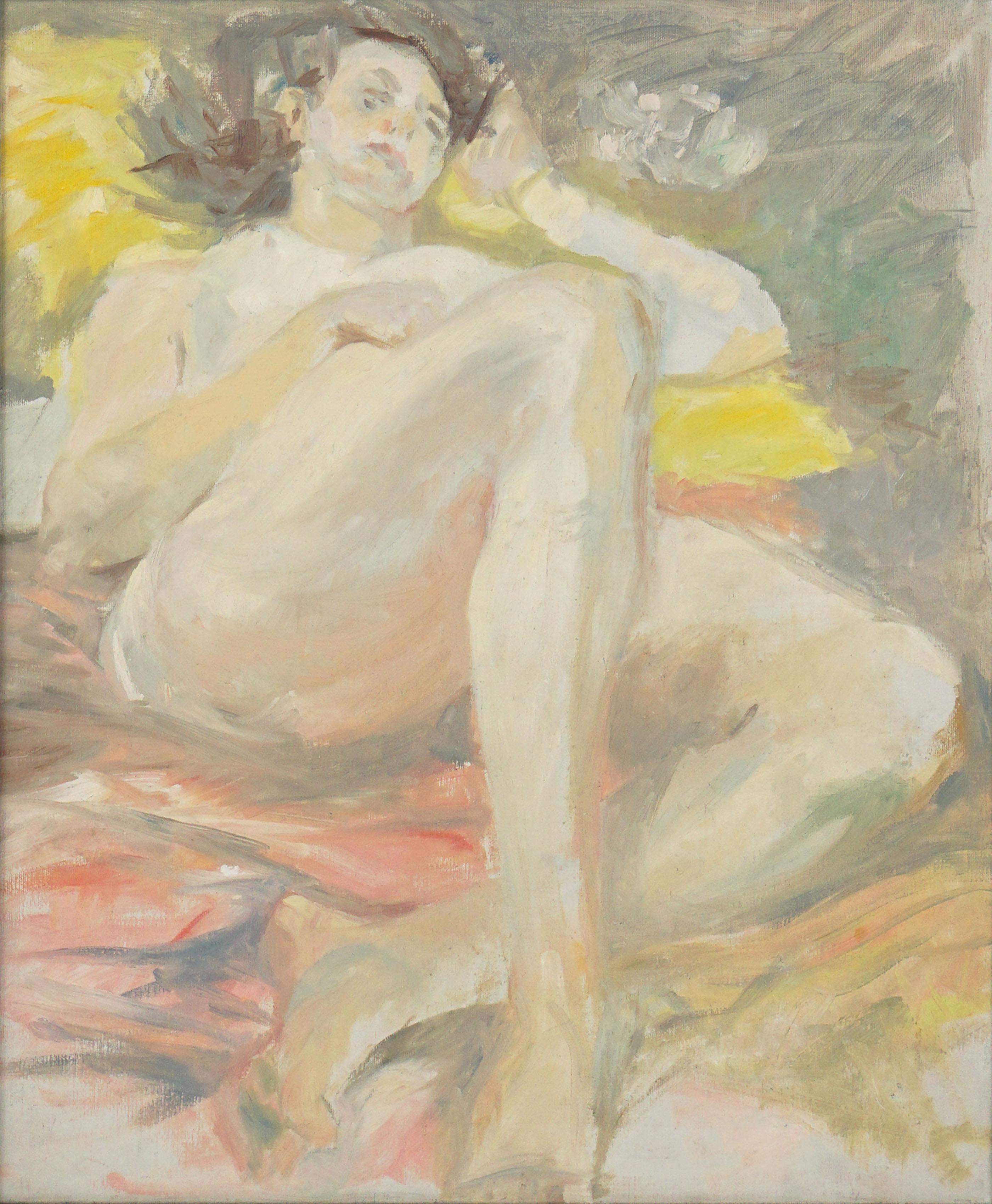 Mid Century Bay Area Figurative Movement -- Reclining Nude in Pastel Tints - Painting by Warren Edgar Lamm
