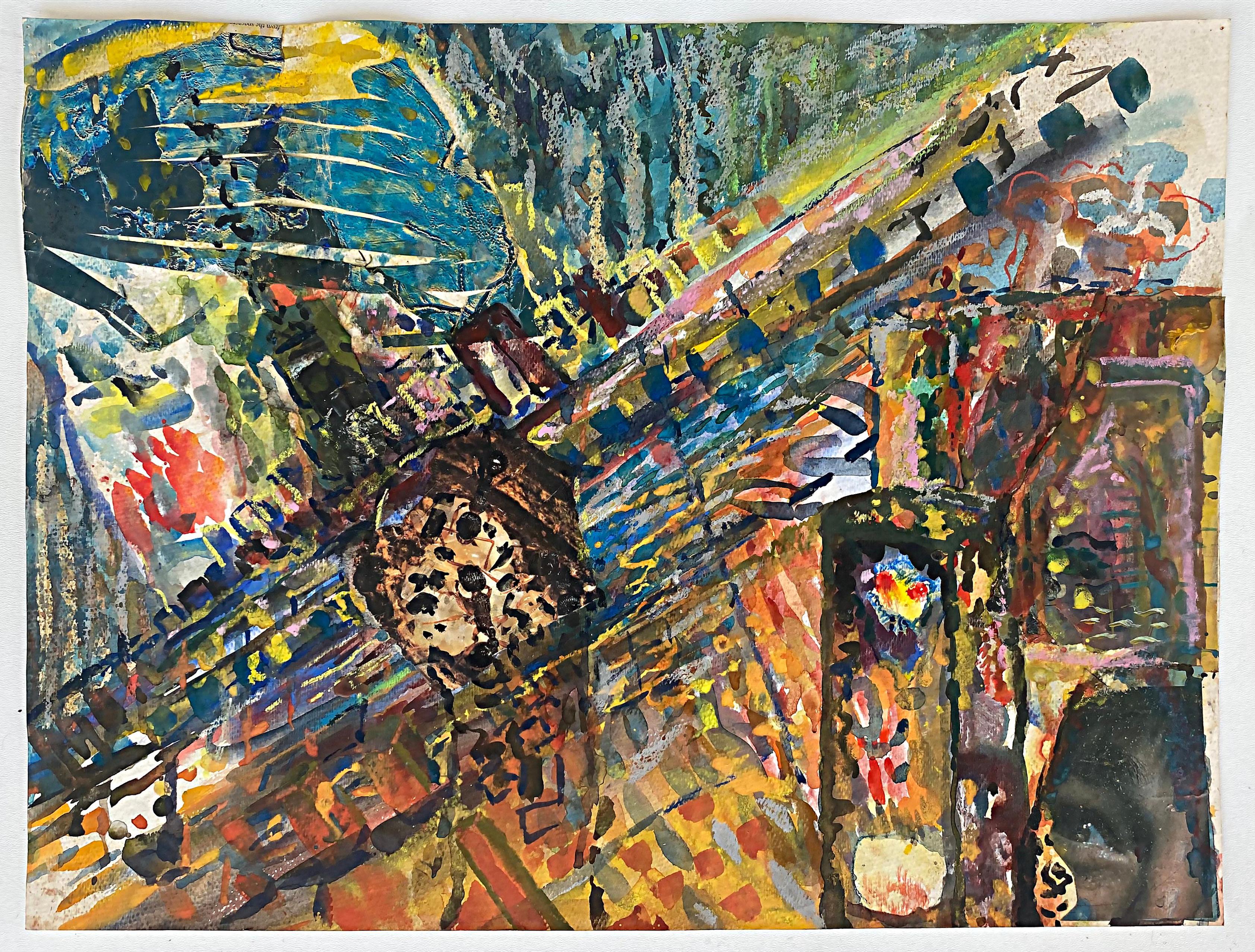 Warren Fischer Pintura abstracta figurativa en acuarela con collage de técnica mixta finales del siglo XX en venta
