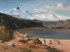 Warren Hunter Western Landscape Oil Painting with Native American Indians c.1970