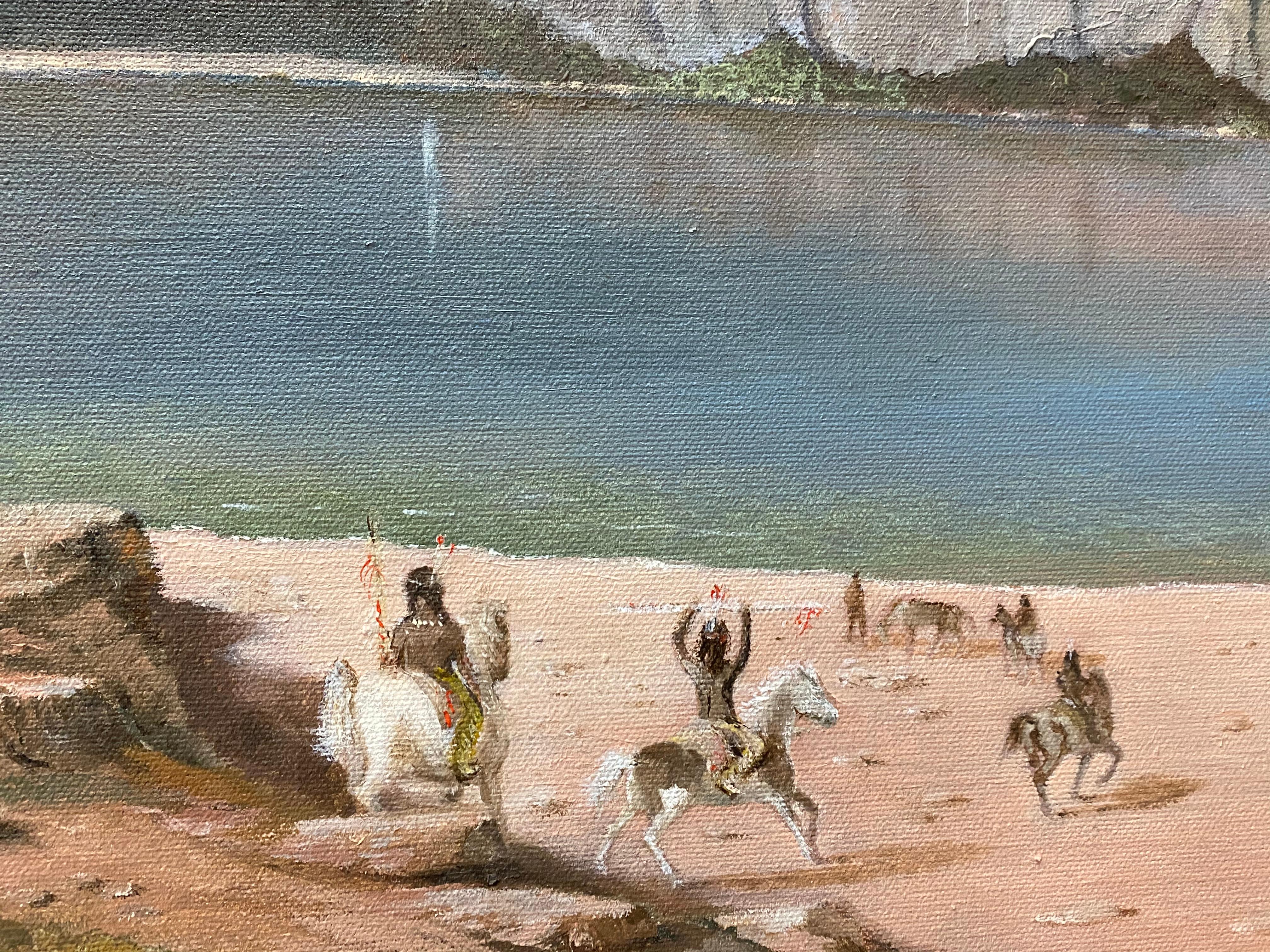 Warren Hunter Western Landscape Oil Painting with Native American Indians c.1970 3
