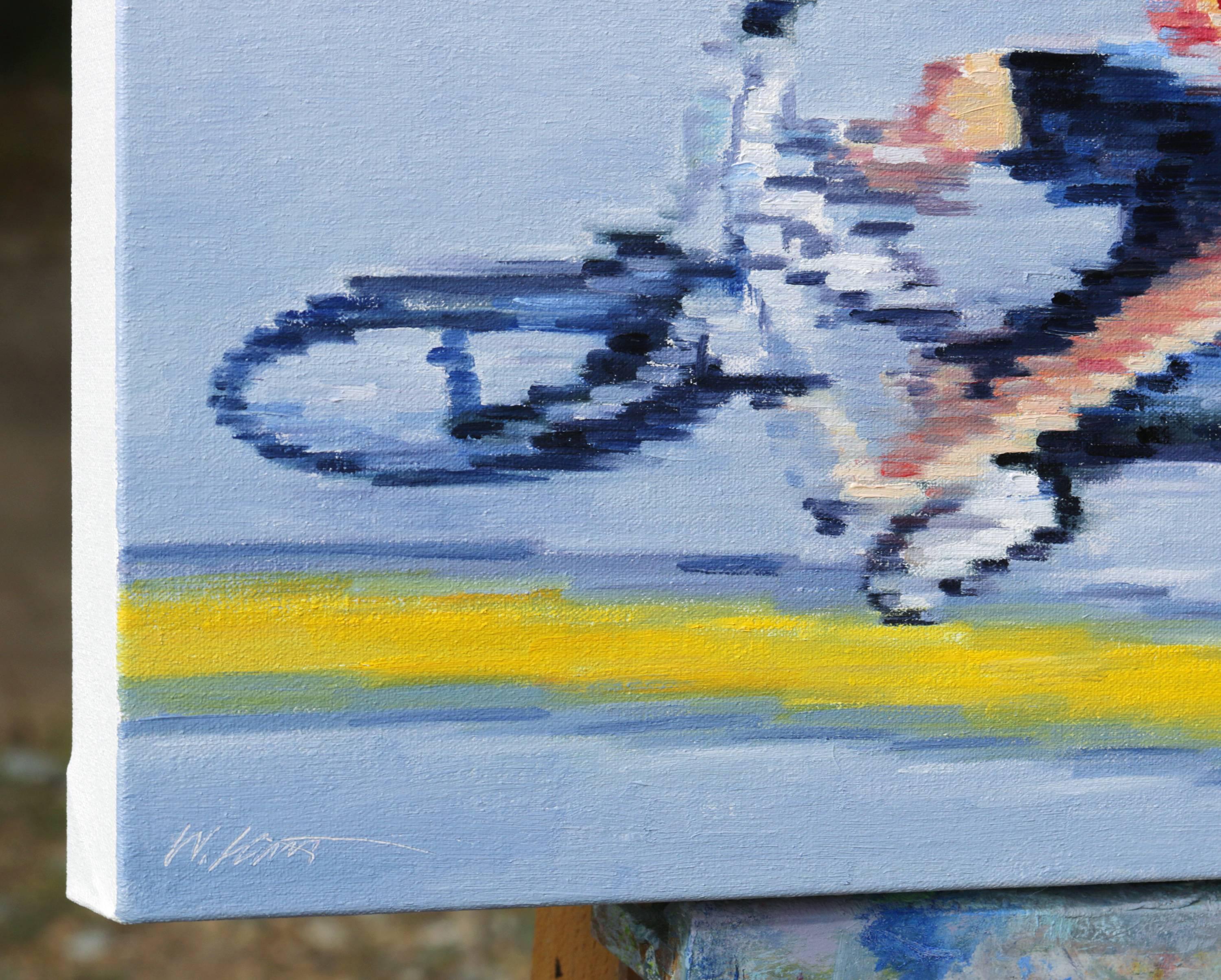 Aerial View of Child Riding Bicycle - Painting by Warren Keating