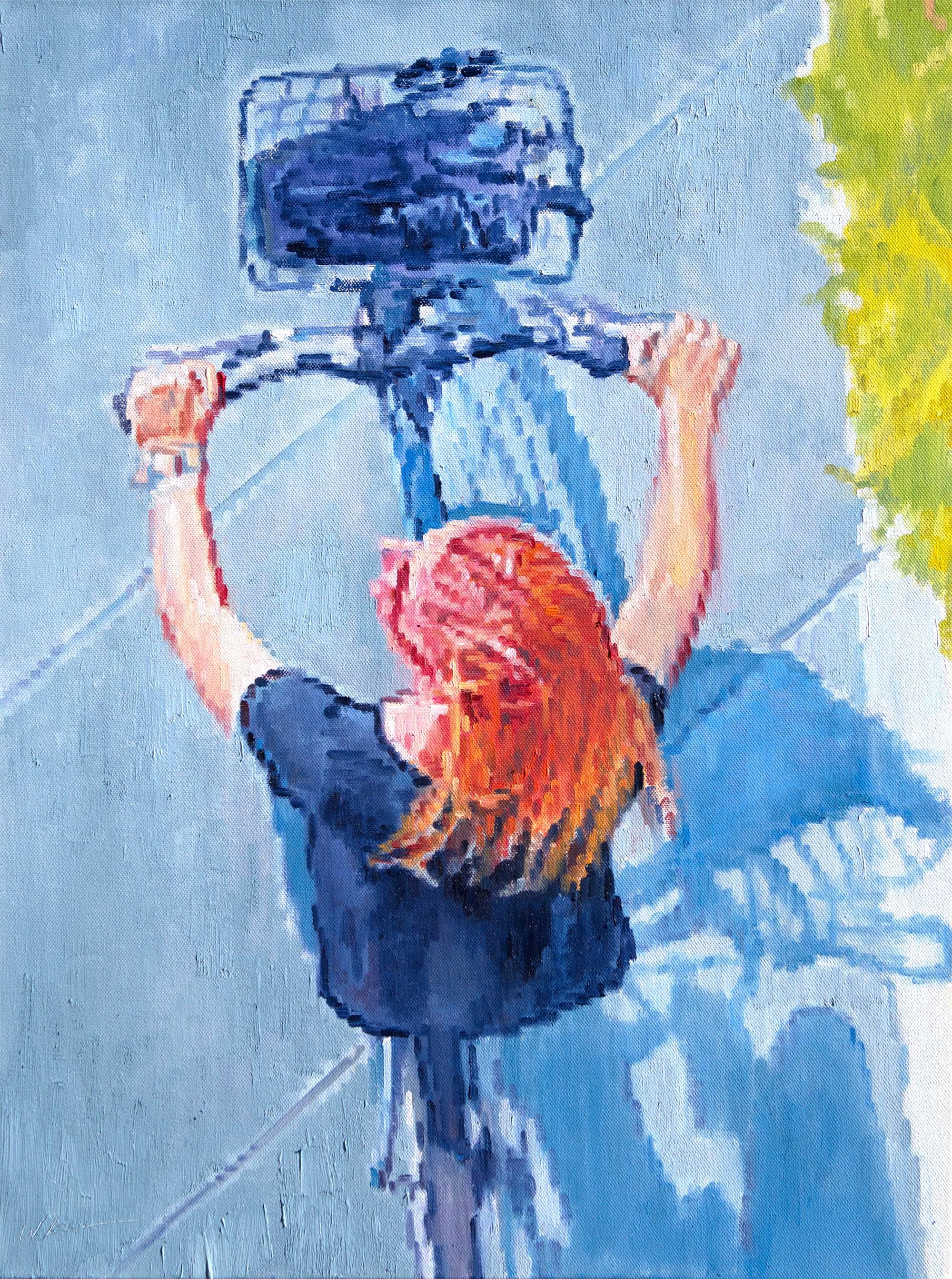 Warren Keating Figurative Painting - Aerial View of Strawberry Blonde Riding Bicycle