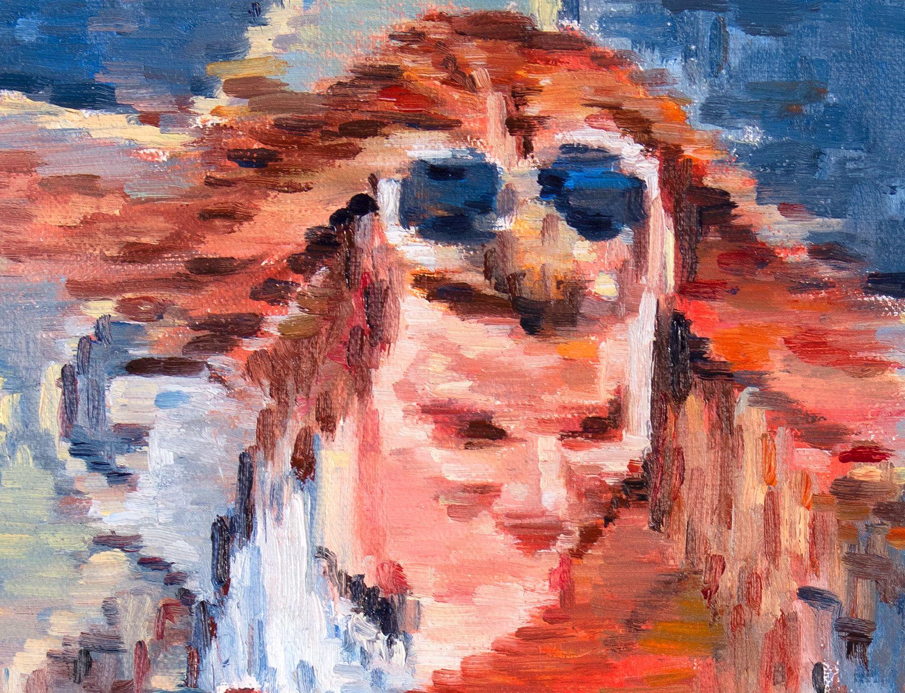 This expressive figure painting was inspired by my view from a restaurant balcony on Hollywood Boulevard at the pedestrians walking below. My signature Pixel Impressionism brush strokes render this aerial portrait of an excited tourist. :: Painting