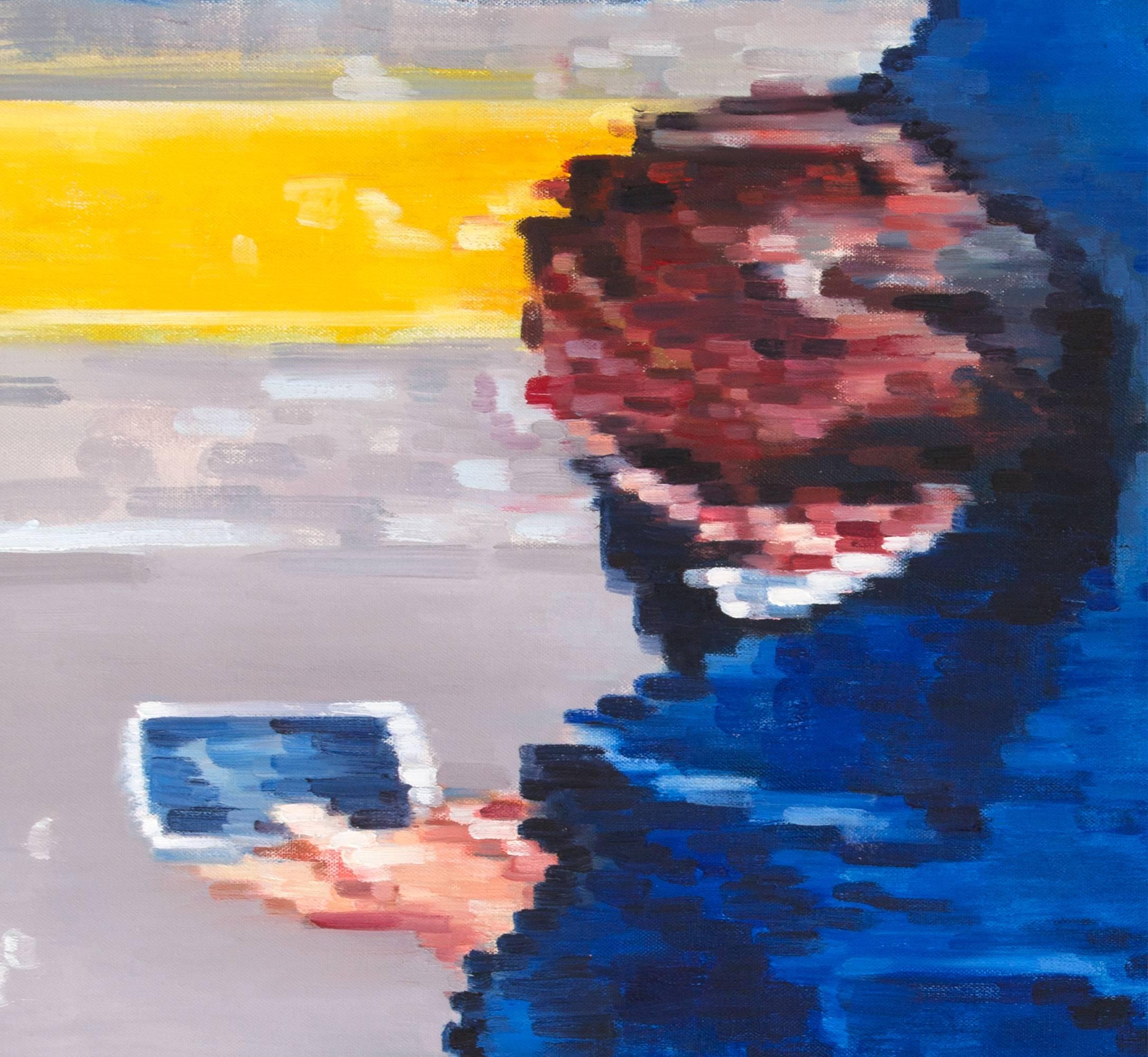 Cowboystiefel und Cell Phone, Ölgemälde (Grau), Portrait Painting, von Warren Keating