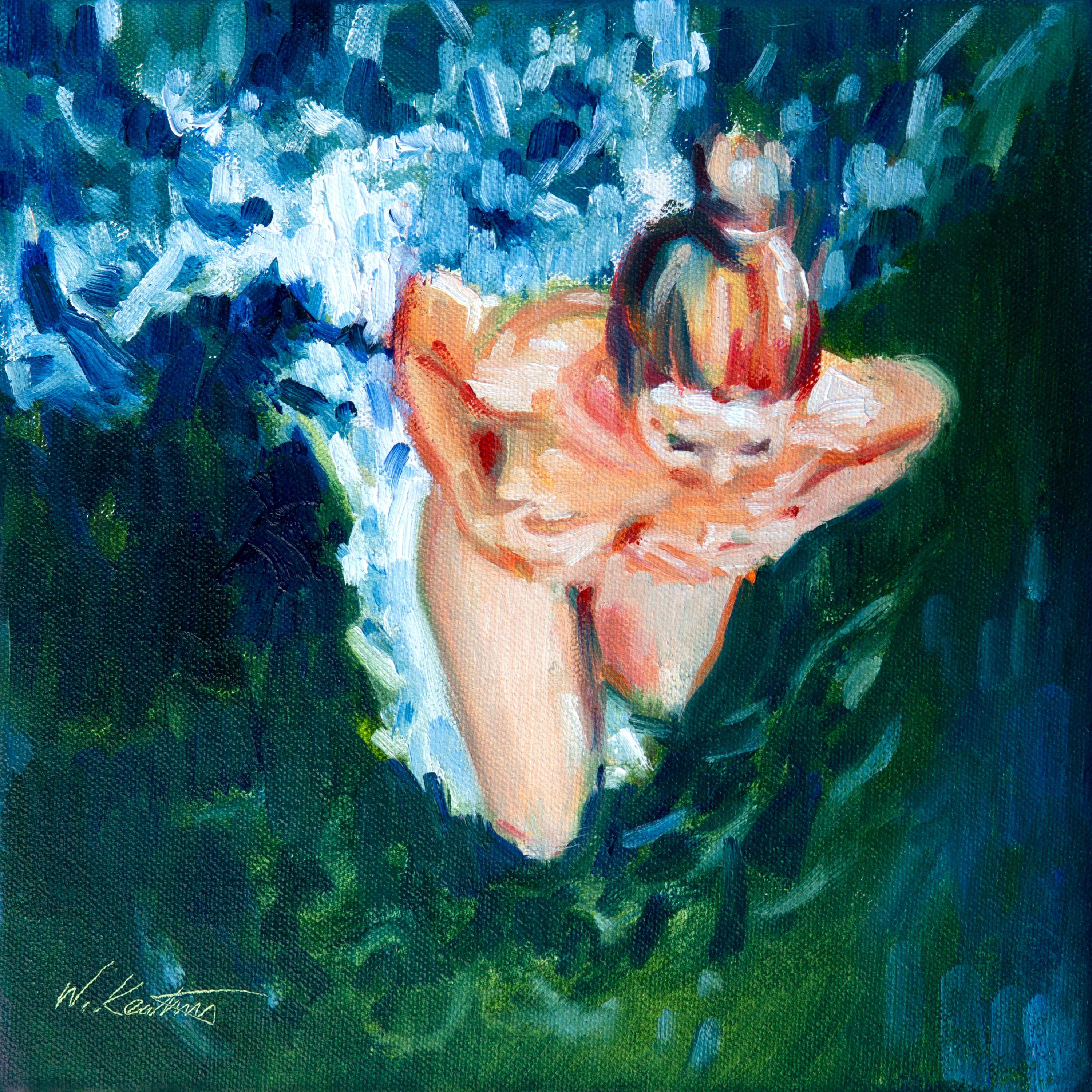 This contemporary figurative painting was inspired by the exhilarating feeling of swimming in a cool mountain lake in summer. My unusual perspective makes the composition more abstract and my signature style creates the motion of the figure and