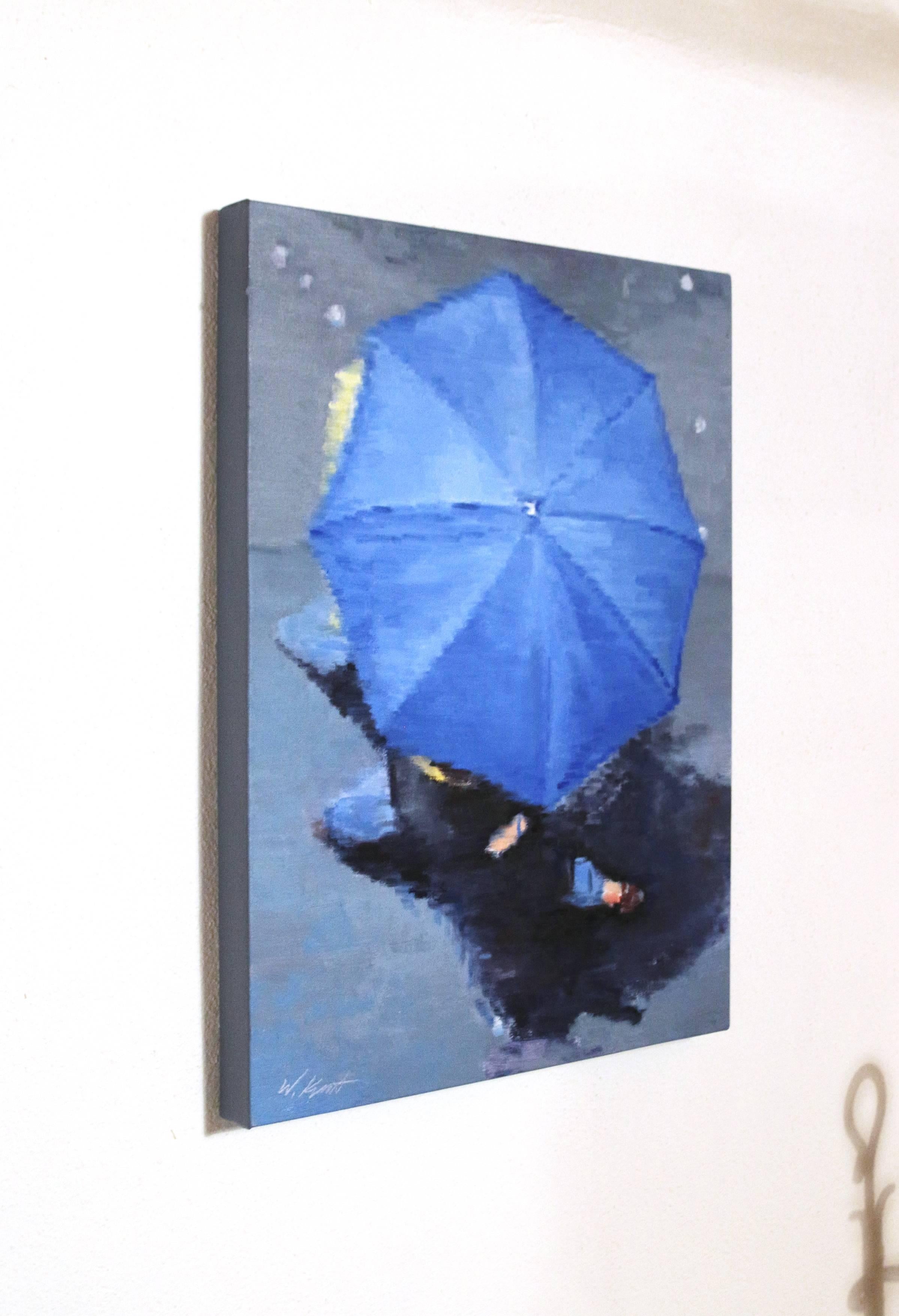 Parisian Couple under Blue Umbrella in Paris Rain - Painting by Warren Keating