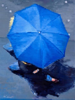 Parisian Couple under Blue Umbrella in Paris Rain