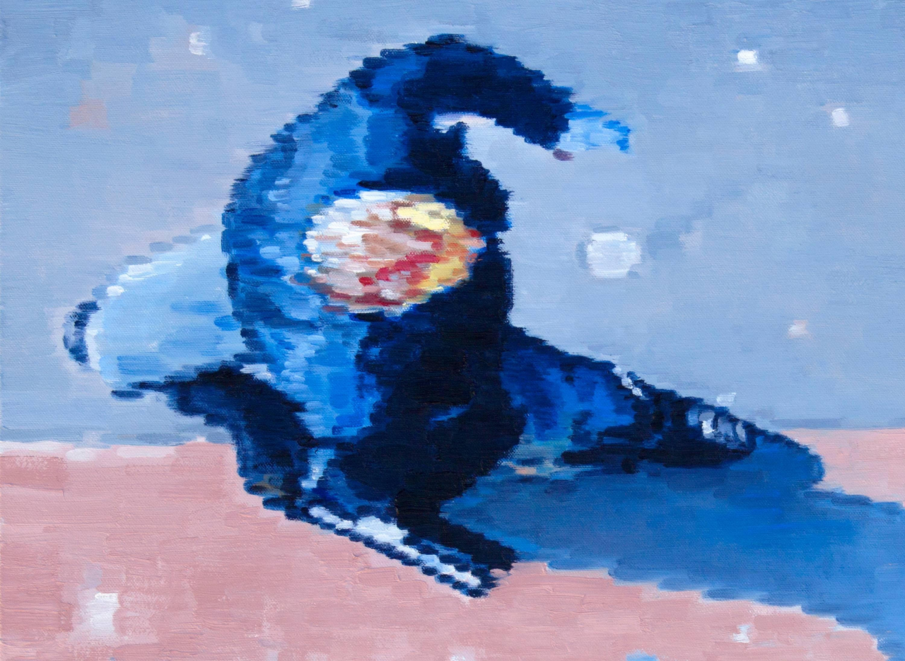 Shadow of a Man in Paris mit Papier und Aktentasche (Blau), Figurative Painting, von Warren Keating