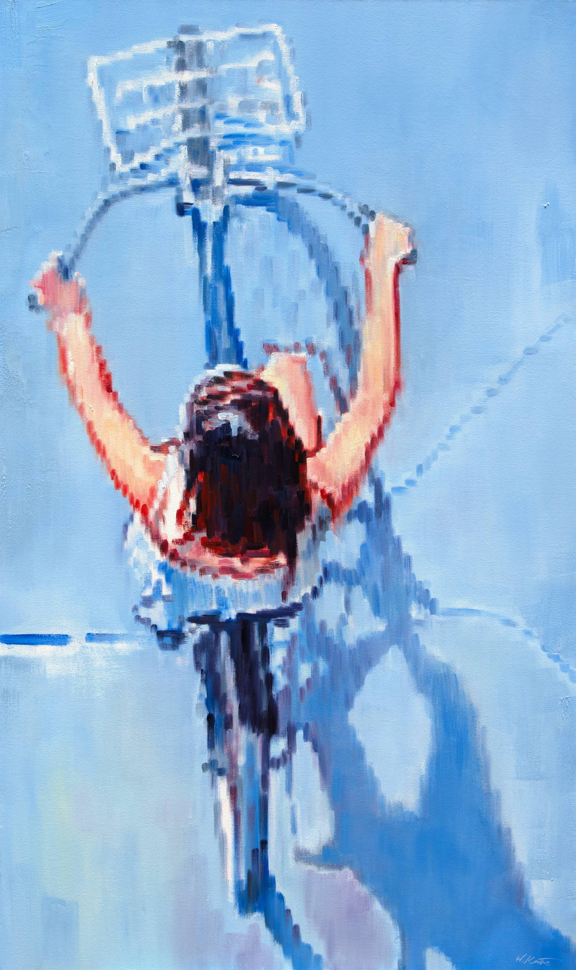 Portrait Painting Warren Keating - Peinture à l'huile - Femme en train de bicycler un jour d'été