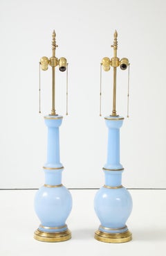 Lampade da tavolo anni '50 in vetro blu e ottone Warren Kessler