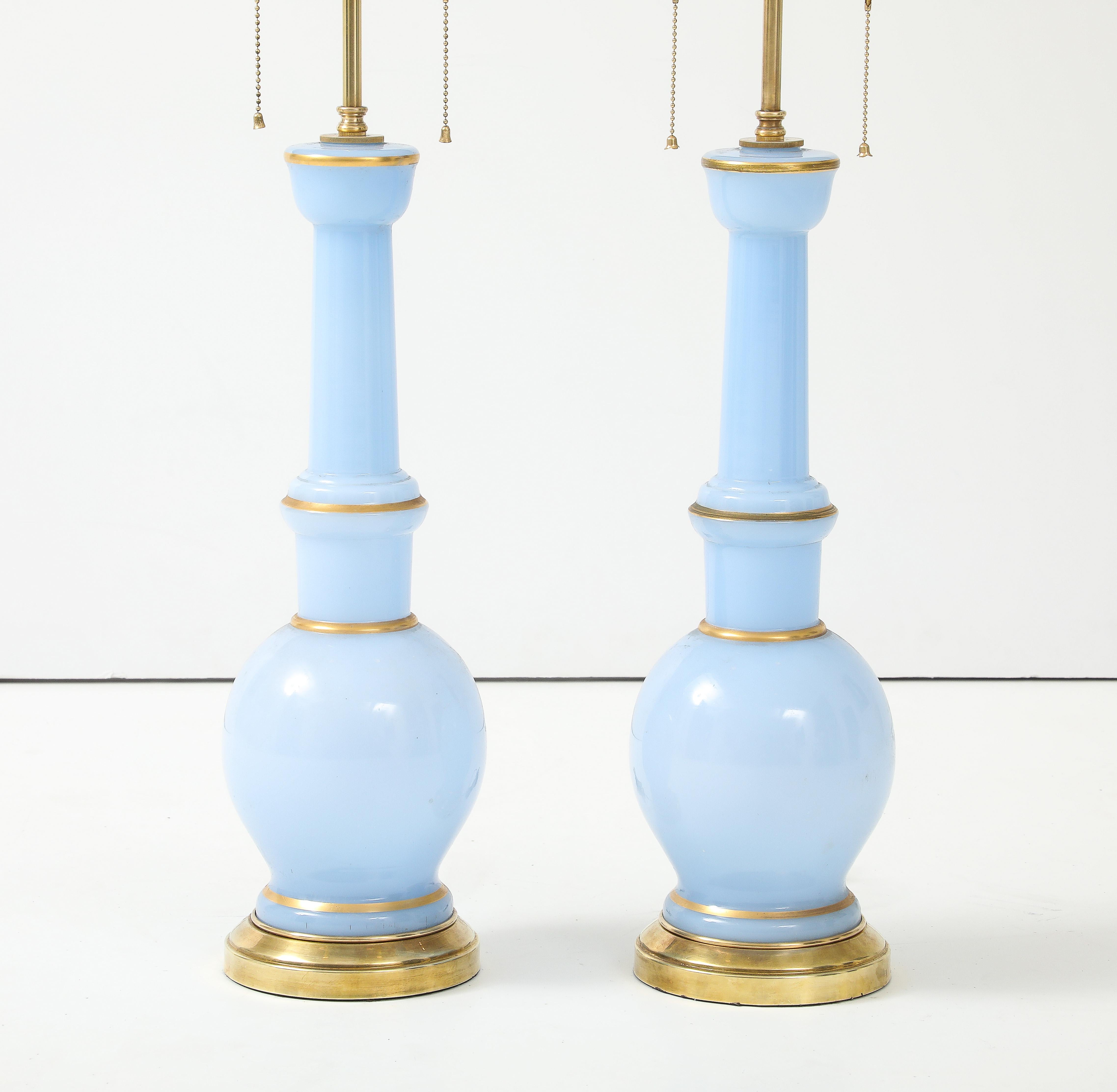 Mid-Century Modern Warren Kessler Blue Glass And Brass 1950's Table Lamps For Sale