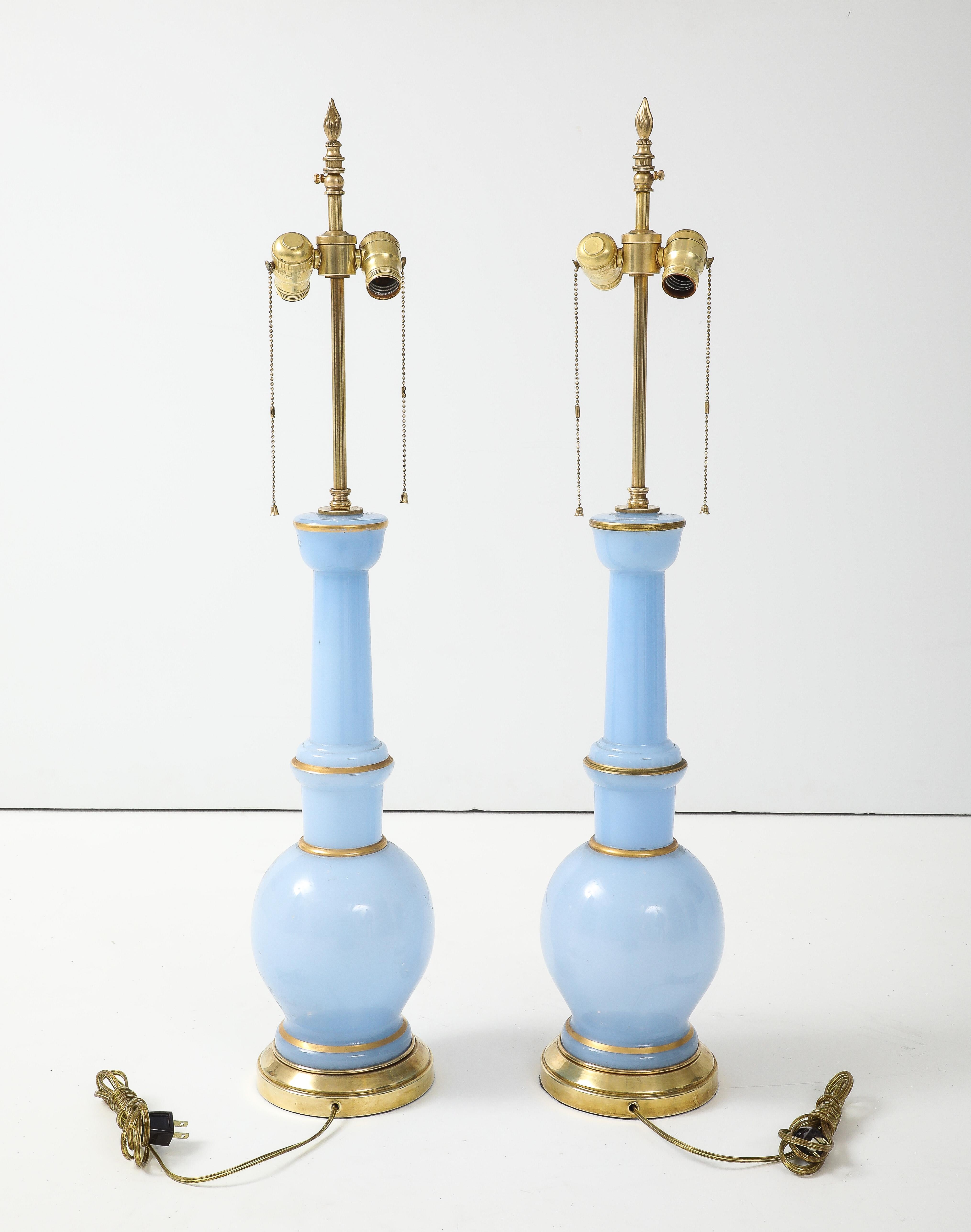 American Warren Kessler Blue Glass And Brass 1950's Table Lamps For Sale