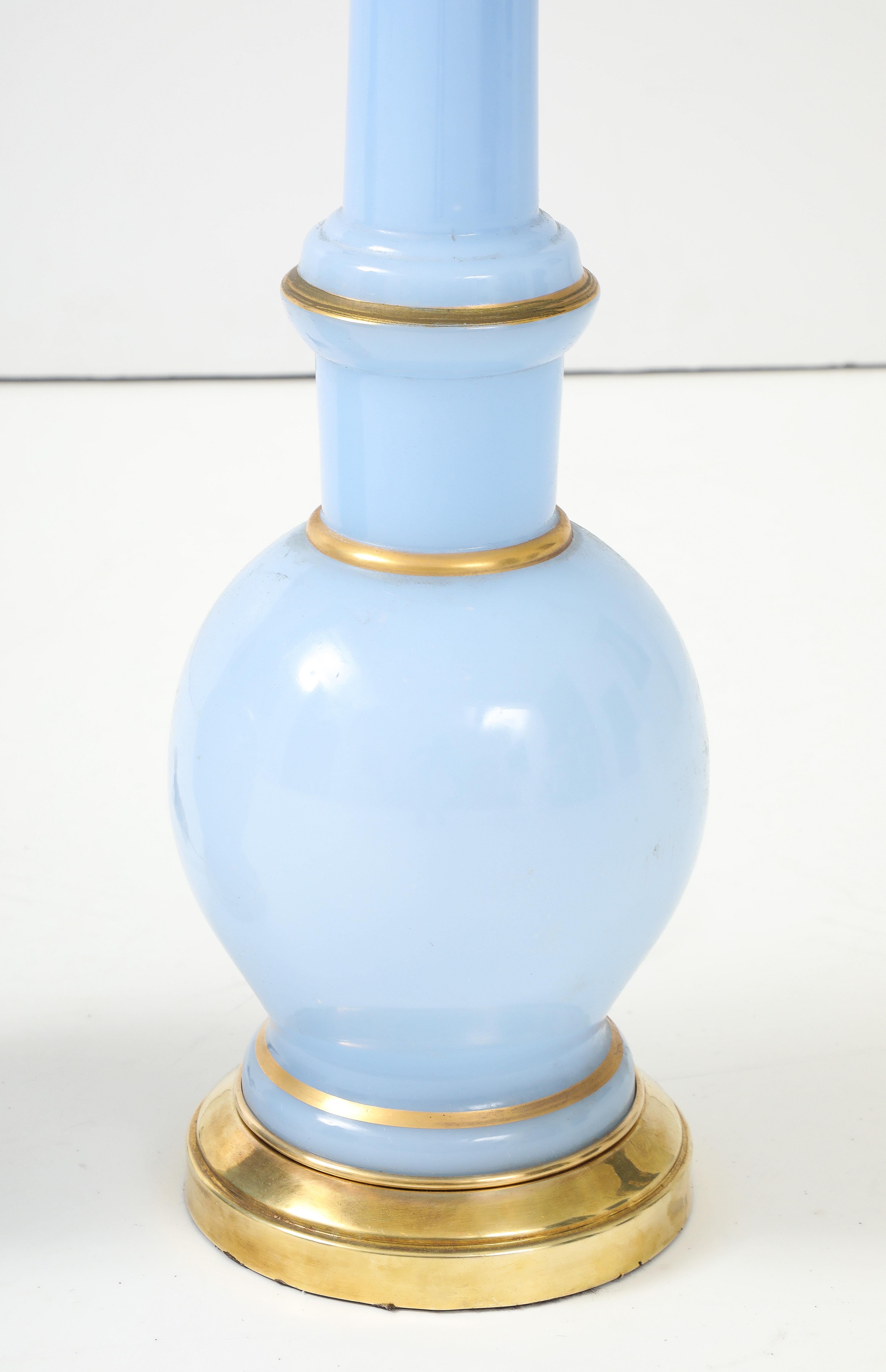 Warren Kessler Blue Glass And Brass 1950's Table Lamps In Good Condition For Sale In New York, NY