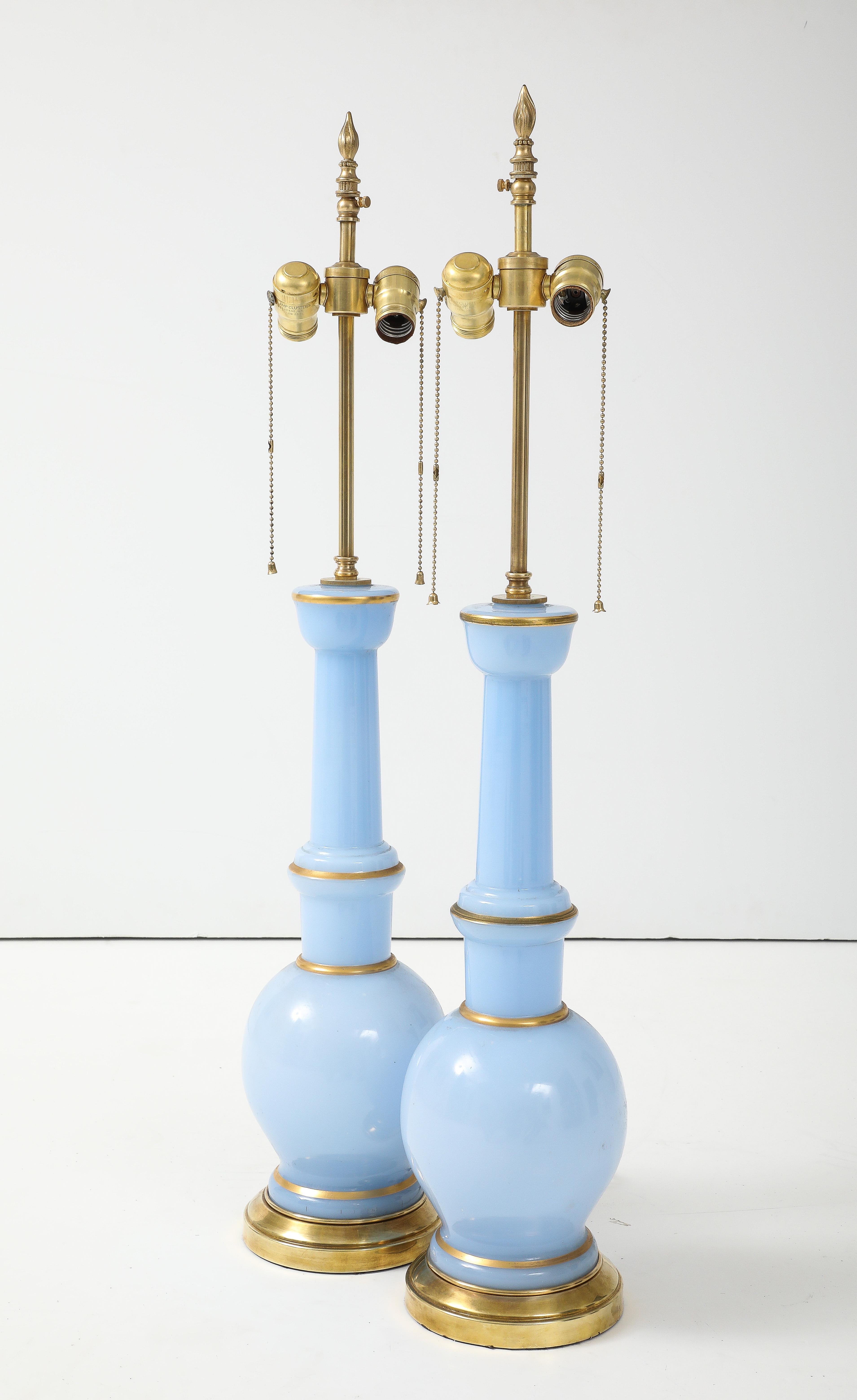 Mid-20th Century Warren Kessler Blue Glass And Brass 1950's Table Lamps For Sale