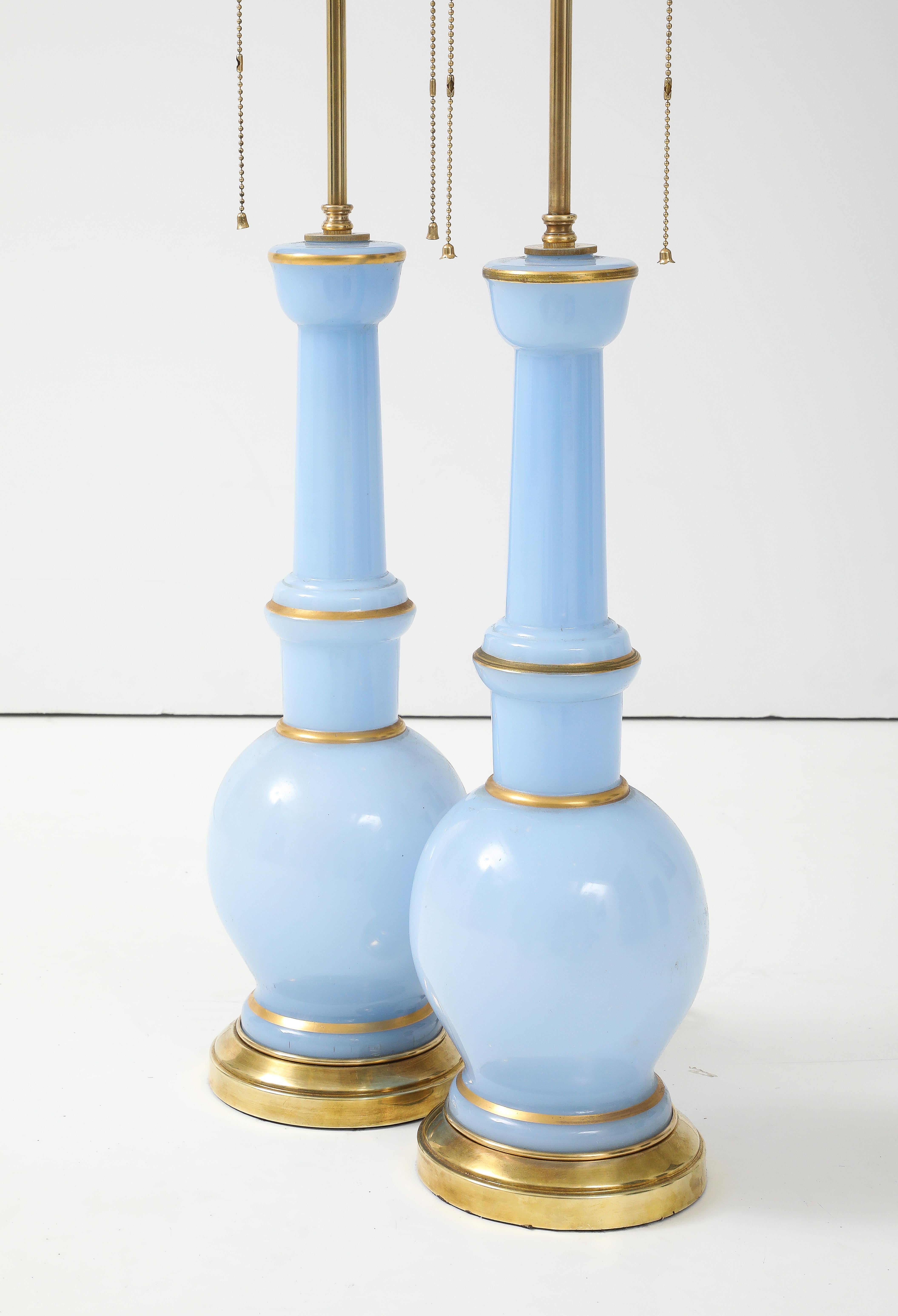Warren Kessler Blue Glass And Brass 1950's Table Lamps For Sale 3