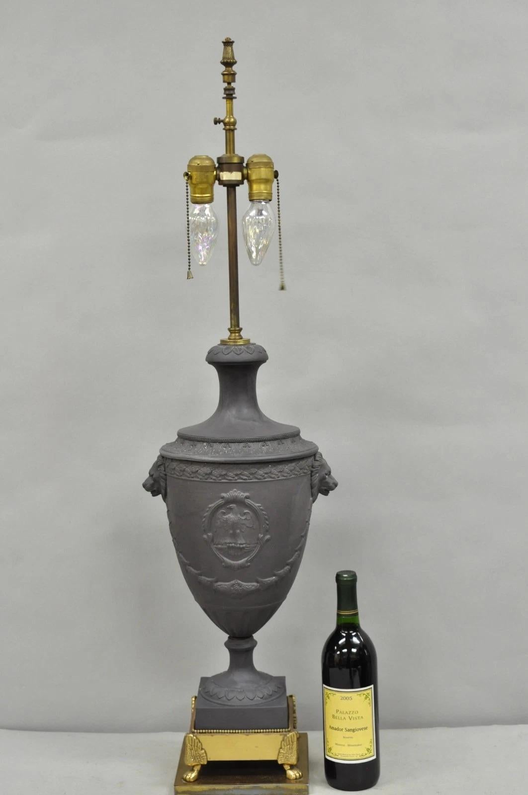 Vintage Warren Kessler French Neoclassical Empire Black Basalt Wedgwood Style Large Urn Form Table Lamp. Circa Mid 20th Century. Measurements: 40
