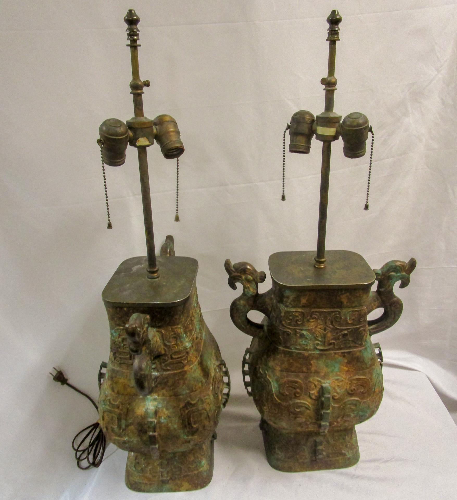 Warren Kessler Patinated Bronze Archaic Chinese Vessel Double Socket Lamp Pair  For Sale 3