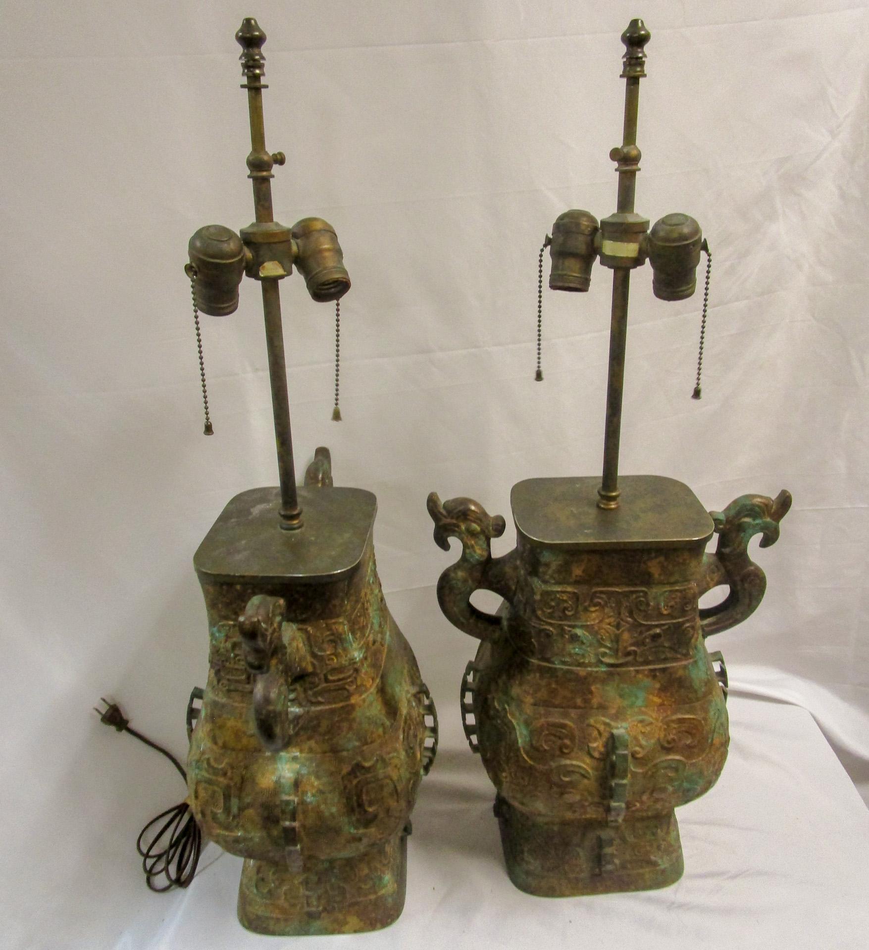 Warren Kessler Patinated Bronze Archaic Chinese Vessel Double Socket Lamp Pair 3