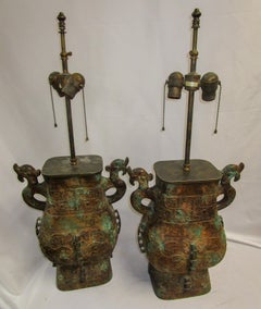 Warren Kessler Patinated Bronze Archaic Chinese Vessel Double Socket Lamp Pair