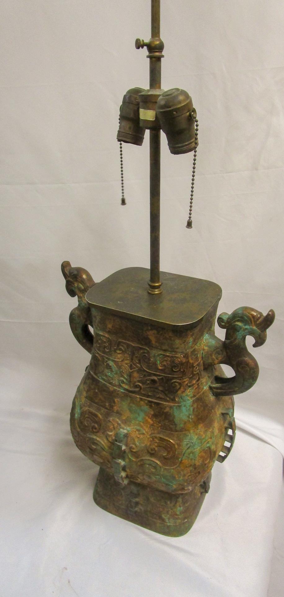 Warren Kessler Patinated Bronze Archaic Chinese Vessel Double Socket Lamp Pair  For Sale 2