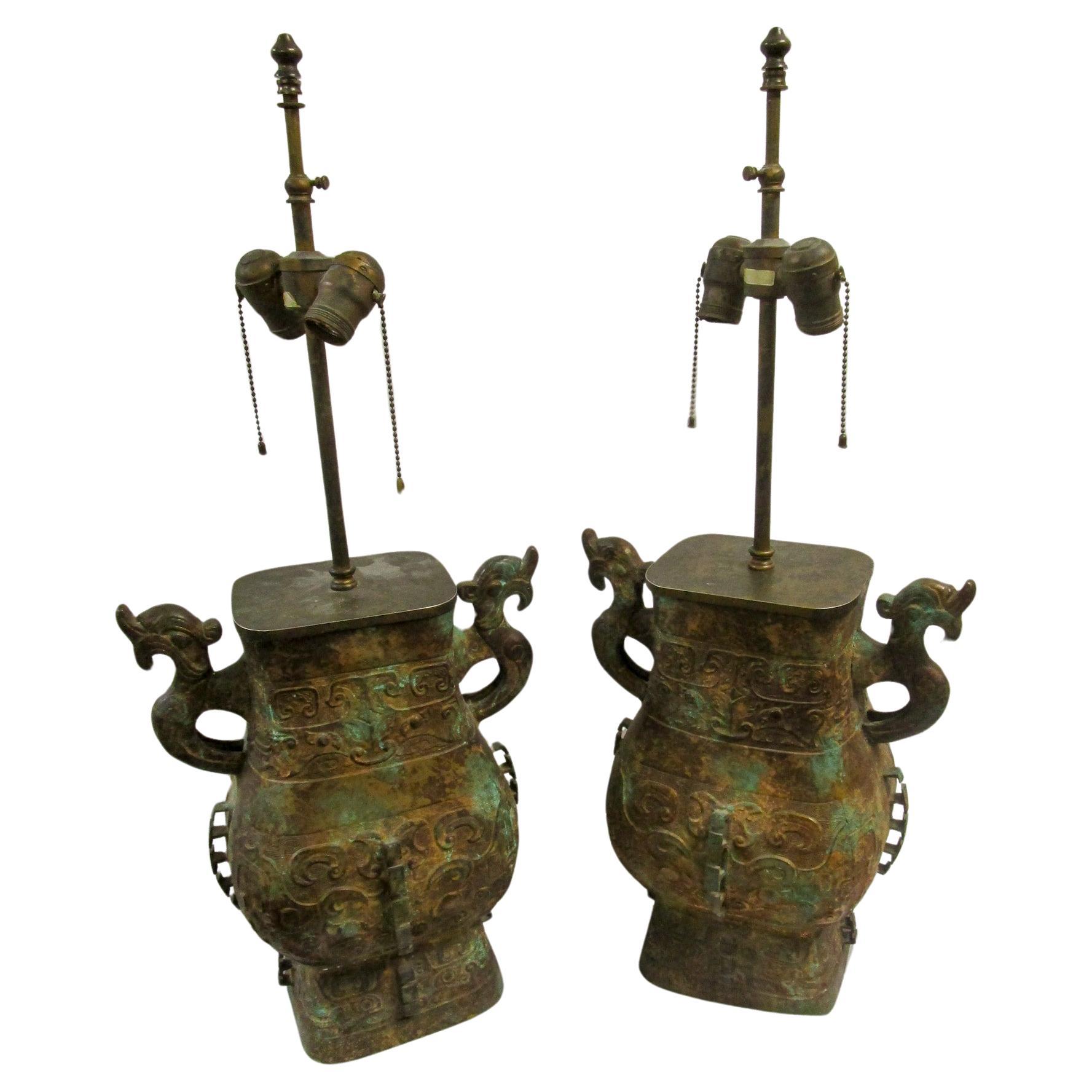 Warren Kessler Patinated Bronze Archaic Chinese Vessel Double Socket Lamp Pair  For Sale