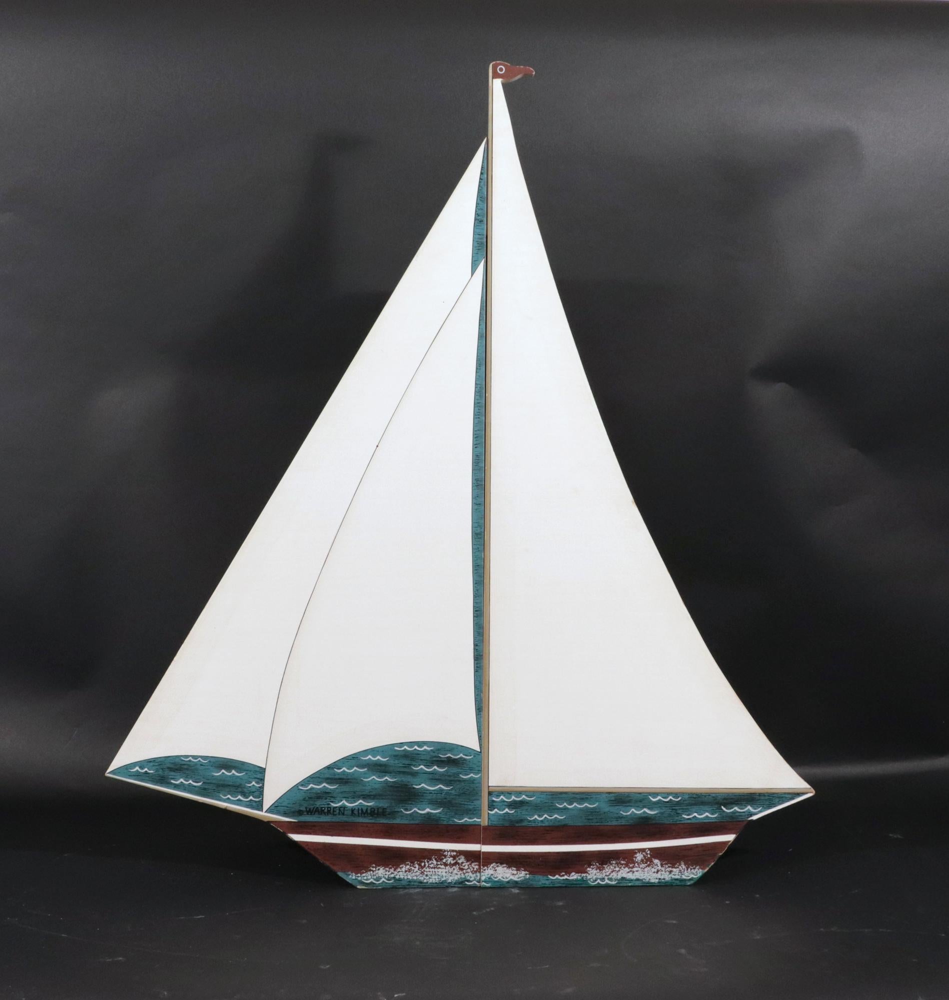 Warren Kimble, Mobile da appendere con nave a vela, anni '90 ca.
Legno dipinto, 29 ½ × 26 ½ × 5 ½ pollici.
Rif.: NY10866-nmcx

Questo stravagante mobile da parete, realizzato con la forma di un veliero stilizzato, esemplifica il caratteristico mix