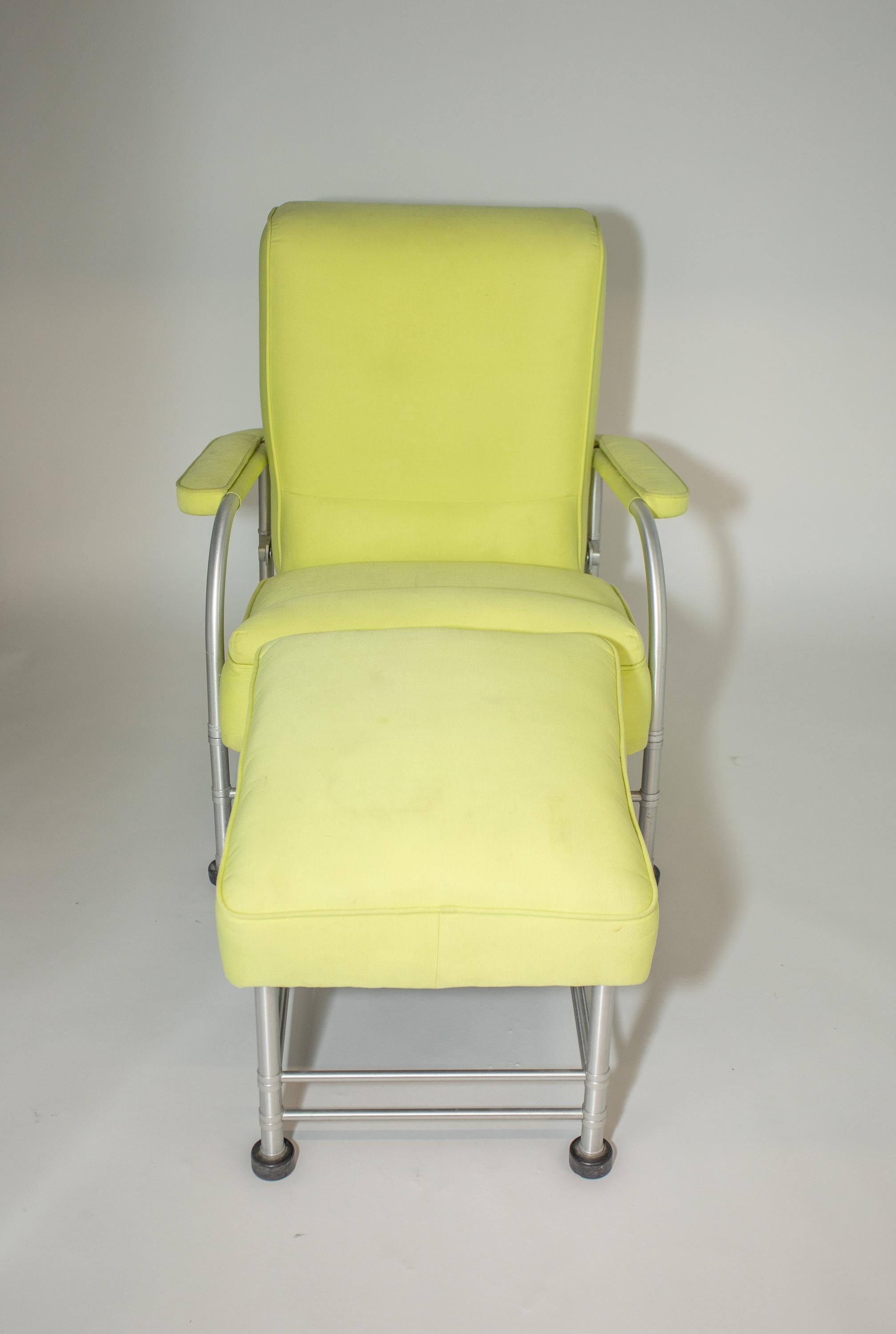 A seldom seen form
Both the lounge chair and Footstool are adjustable.
The lounge adjusts from upright to flat
Decal Label present
re-upholstered in yellow cotton