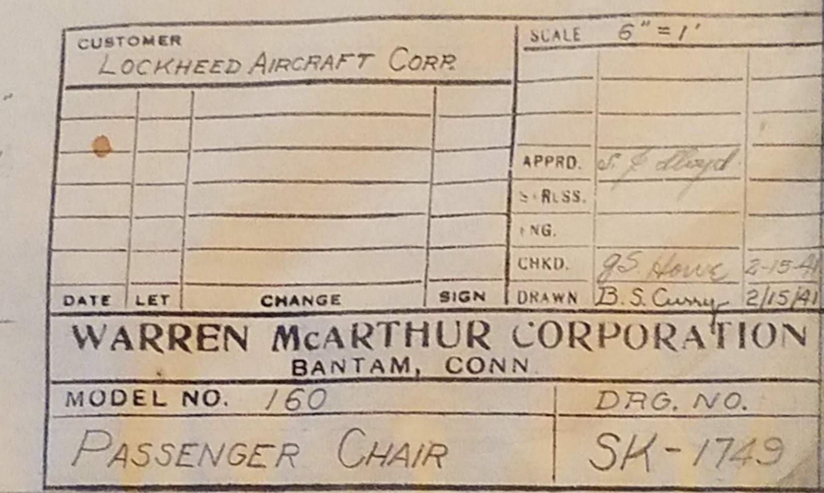 Industrial Warren McArthur Aircraft Seating Proposal Drawing, 1941 For Sale