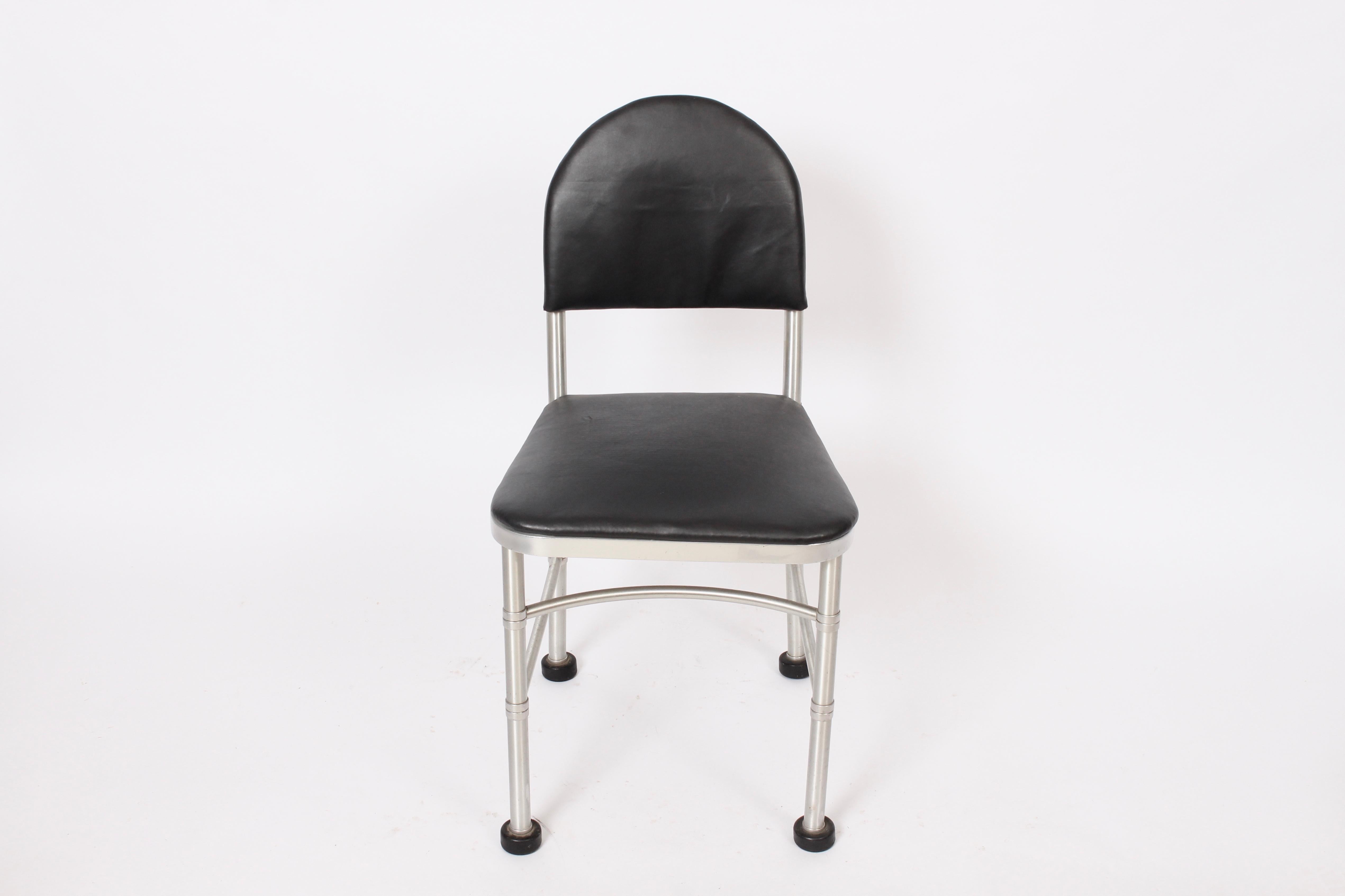 Art Deco Warren McArthur Aluminum and Cushioned Black Leather Side Chair, 1930s