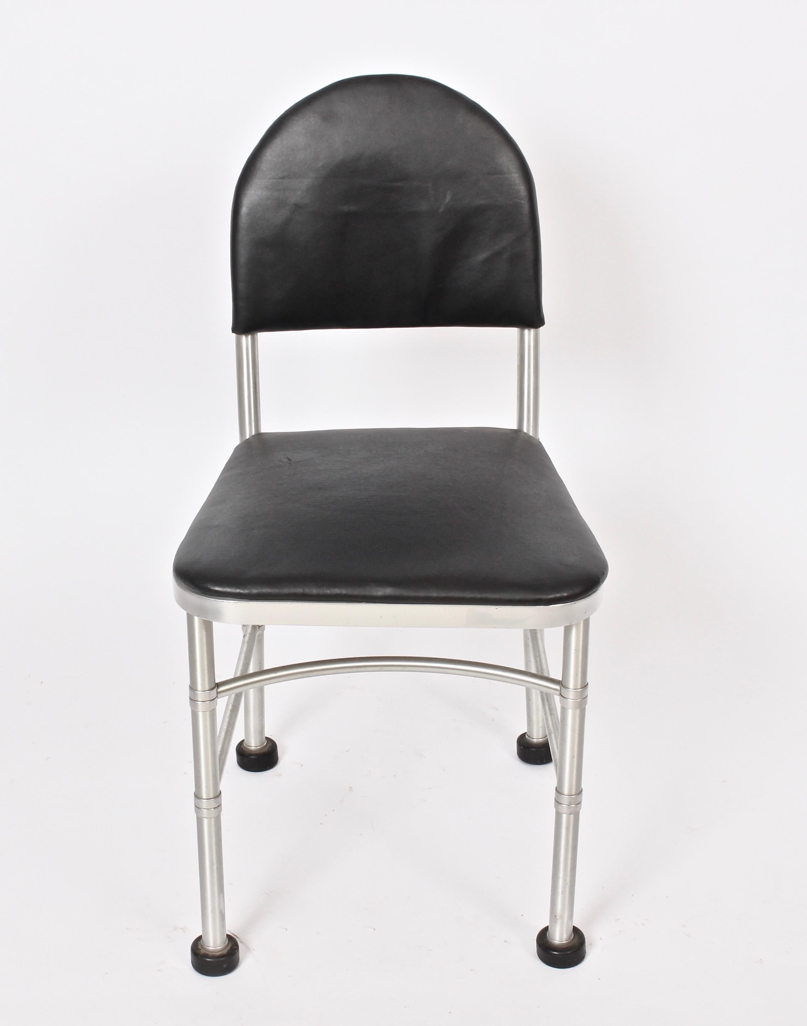 American Warren McArthur Aluminum and Cushioned Black Leather Side Chair, 1930s