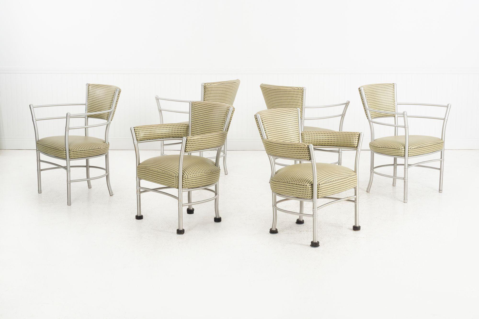 Set of Six Warren McArthur Armchairs for McArthur Corporation, 1933
Aluminum frames with woven linoleum upholstery and rubber elements.
Set includes four examples of model 1047-A and two examples of model 1057-AU.
Each retains the manufacturer’s