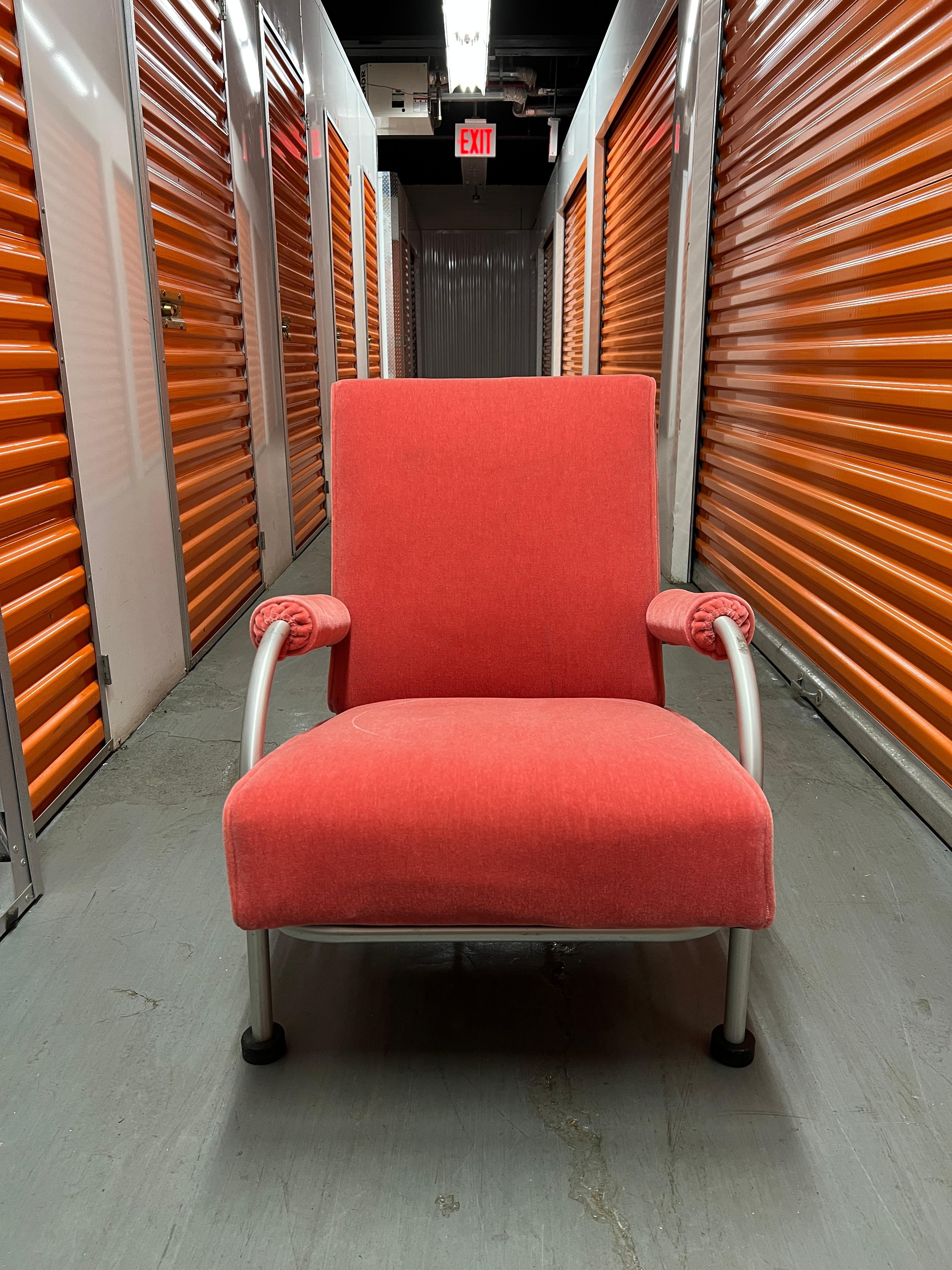 American Art Deco Biltmore lounge chair by Warren McArthur in aluminum with pink mohair cushions. This design was created for the famed Arizona Biltmore Hotel. While most metal furniture designers of the day workde with chromed steel, McArthur