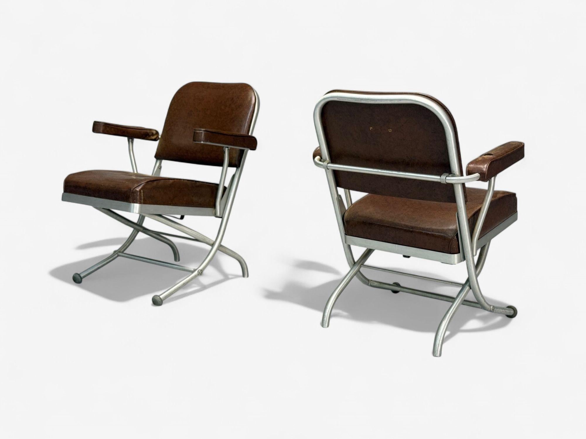 Warren McArthur, cuero marrón, aluminio, sillas plegables, EE.UU. c. 1935 en venta 1