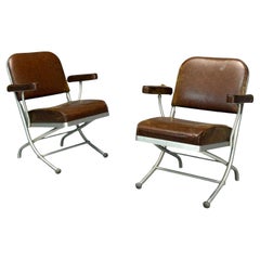 Warren McArthur, Braunes Leder, Aluminium, Klappstühle, USA um 1935