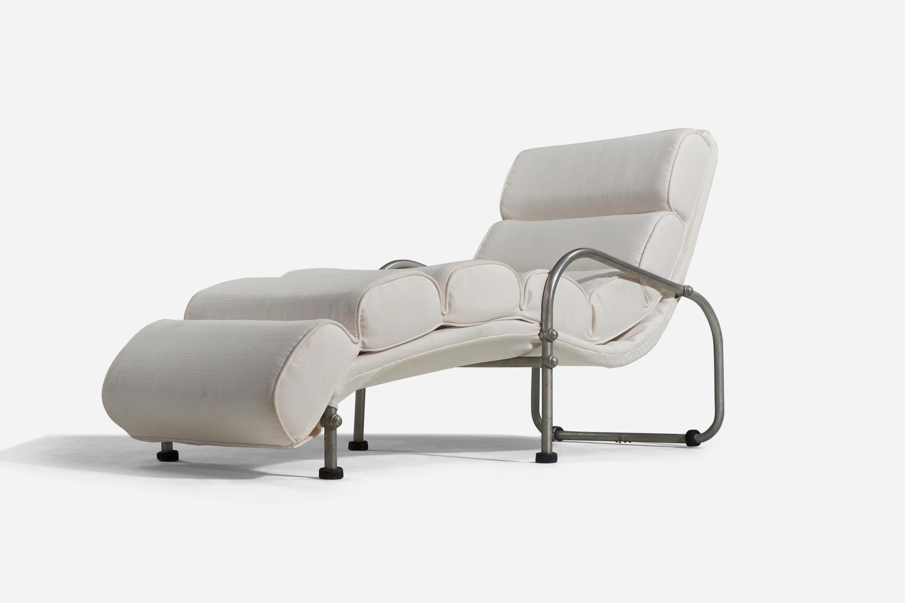 A pair of aluminum and white fabric chaise longues designed and produced by Warren McArthur, USA, c. 1930s.