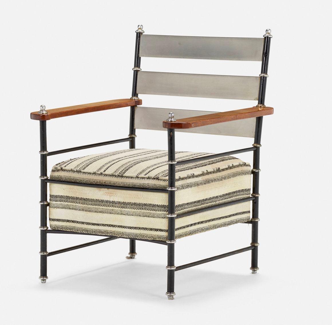 Warren McArthur Early Armchair for The Pullman Company 1920's
Rare Special Chair, This elegant early armchair by Warren McArthur features a combination of lacquered steel, aluminum, iron, walnut, and original upscale upholstery, showcasing the