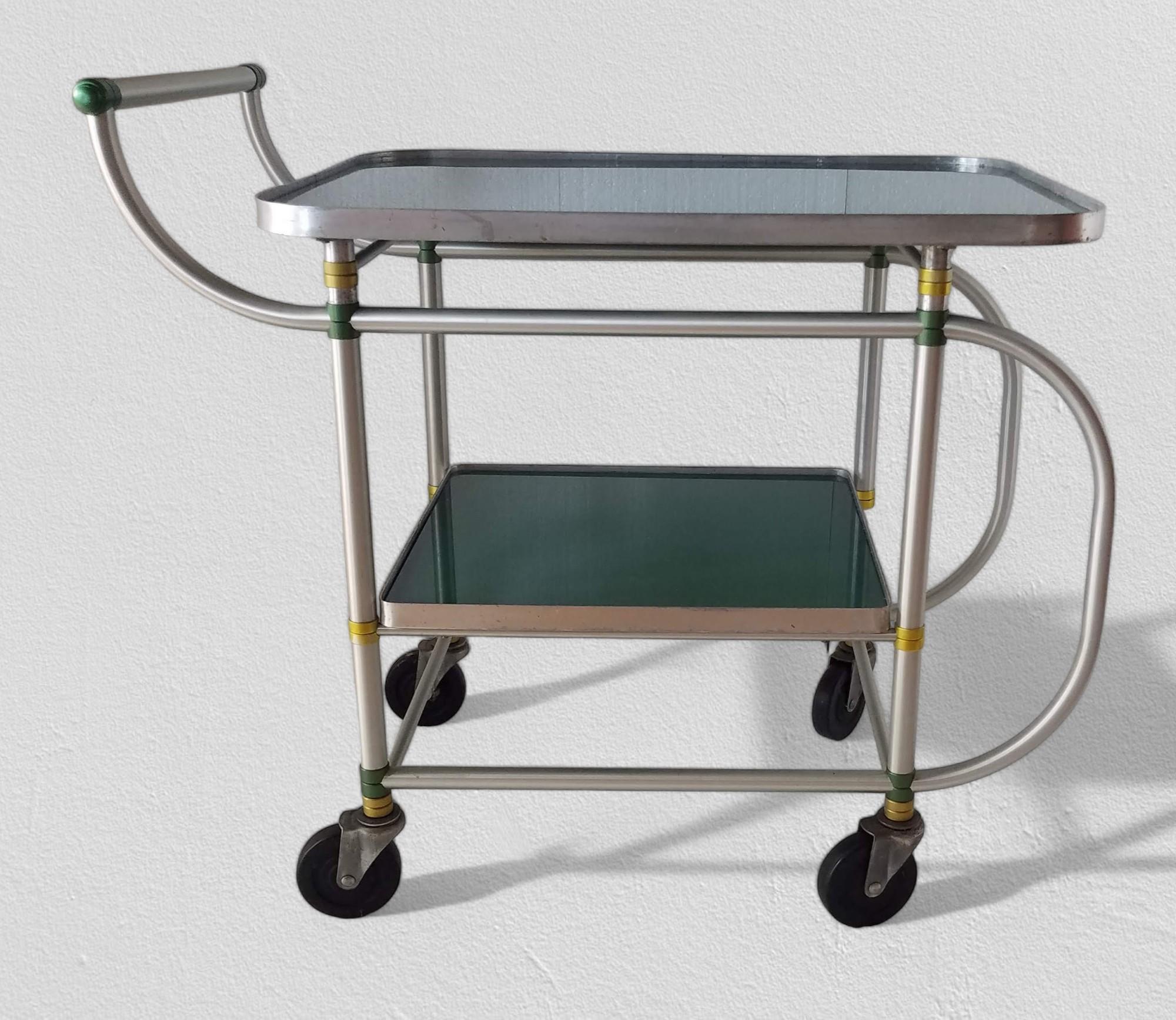 Art Deco Warren McArthur Rolling Cart Yellow and Green Anodized Rings, circa 1938 For Sale