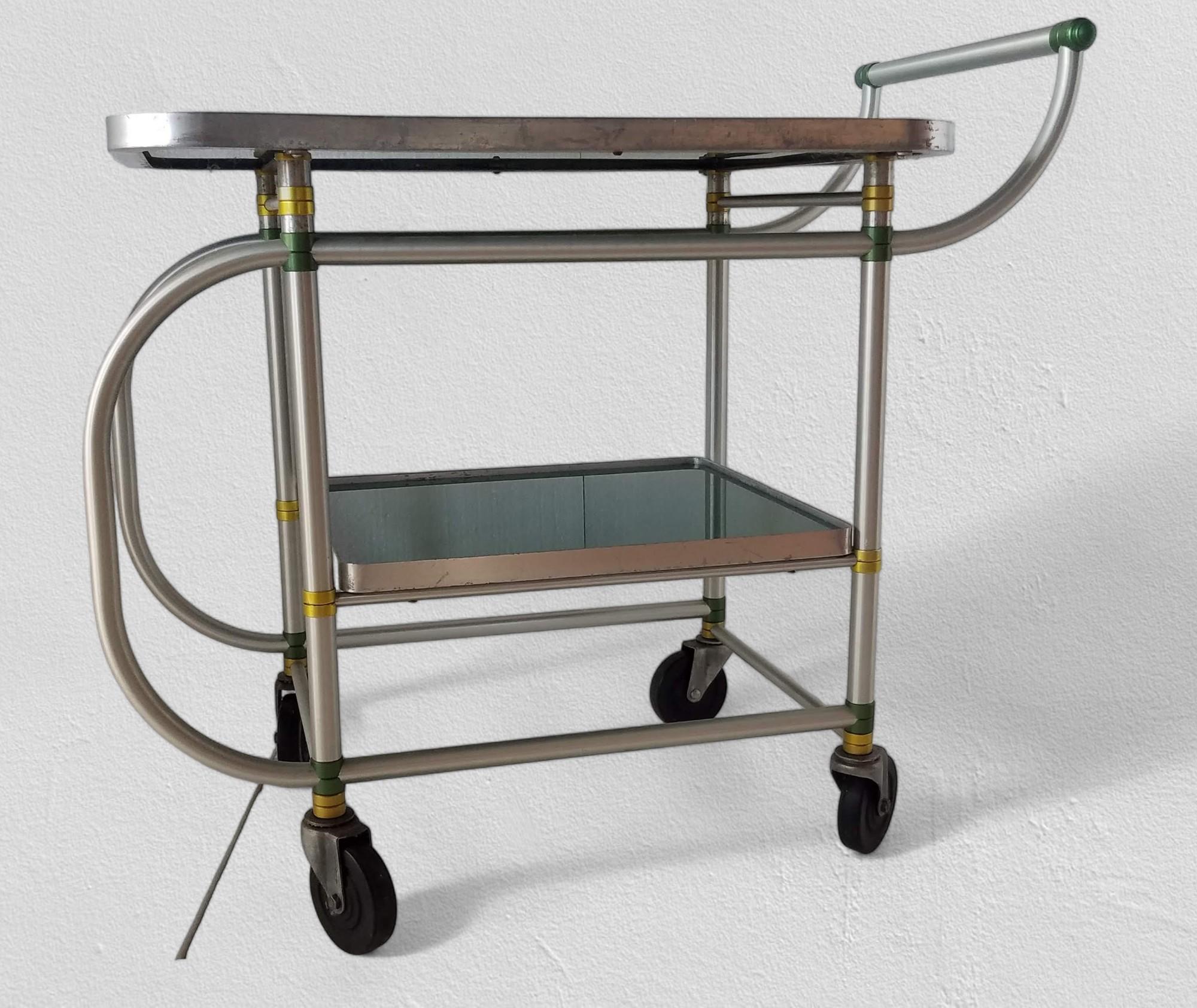 Warren McArthur Rolling Cart Yellow and Green Anodized Rings, circa 1938 In Good Condition For Sale In Camden, ME