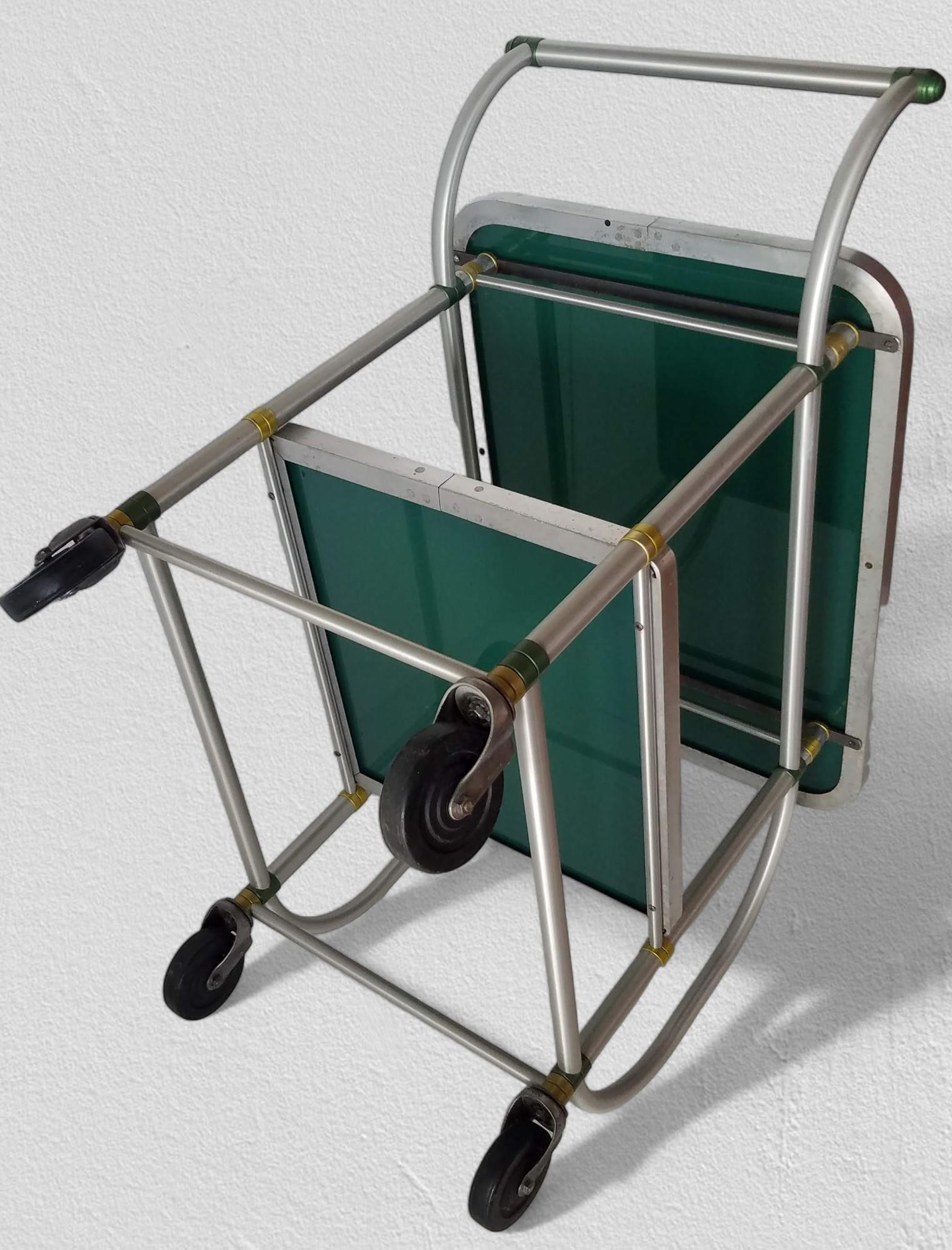 Aluminum Warren McArthur Rolling Cart Yellow and Green Anodized Rings, circa 1938 For Sale