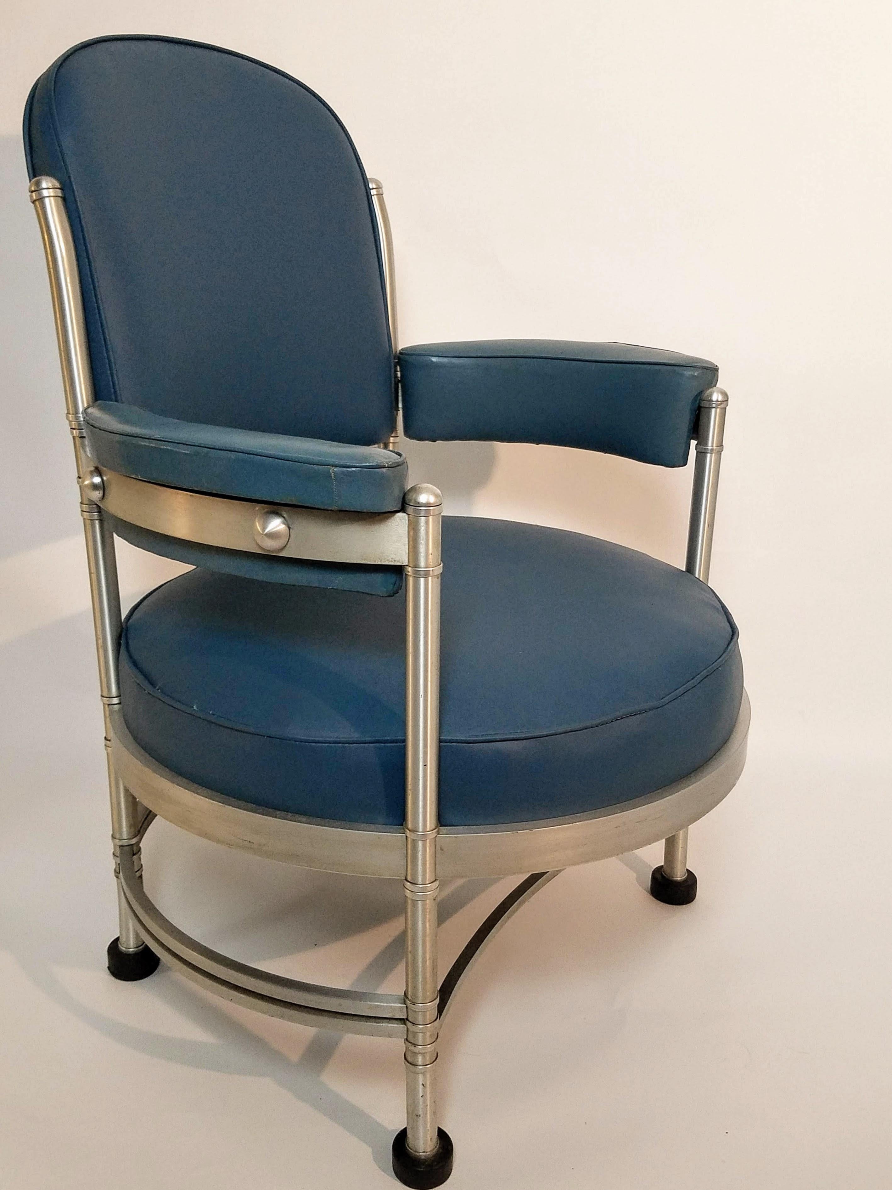 Rare Warren McArthur desk chair manufactured in Rome New York in the mid 1930s.
The circular framed chairs of which to my knowledge there were only five designs produced, Models 1040, 1080, 1081, 1082 (never seen one) and this model 1083 are the