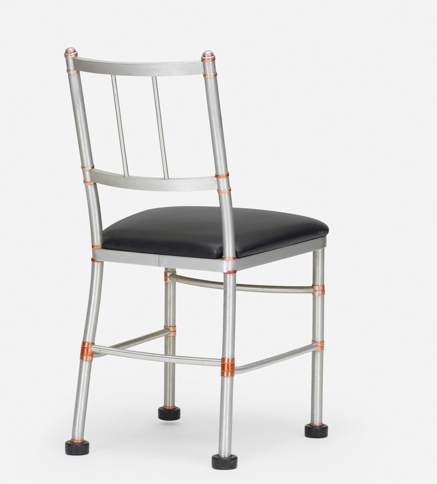 Warren McArthur chair, Warren McArthur Corporation, aluminum, leather, copper, rubber, USA, 1930s. Measures: 33½ H × 17 W × 21 D in
Provenance: Collection of Stuart Parr Private Collection 

 Warren McArthur Jr. was an innovator in Machine Age/