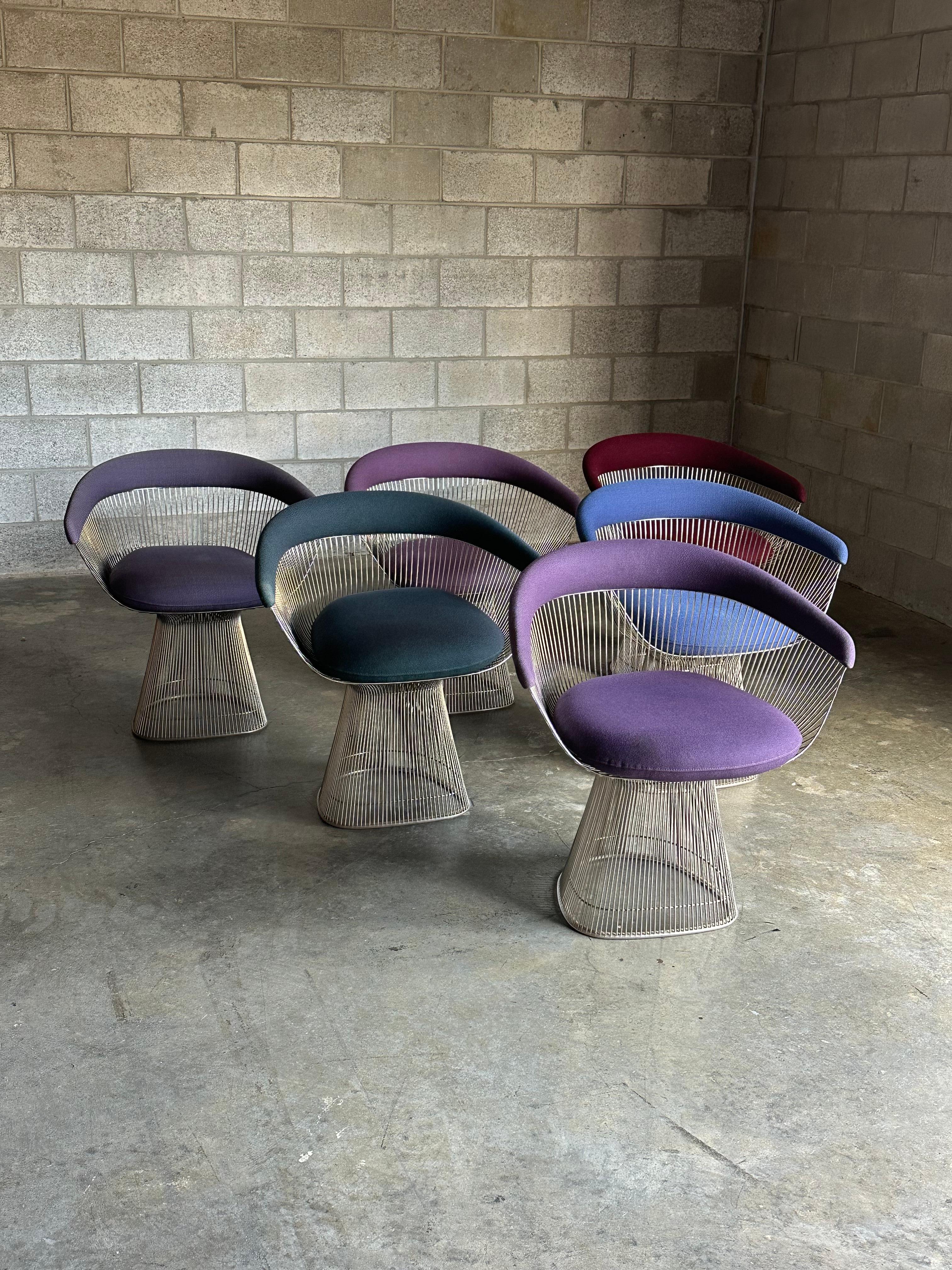 A set of 6 arm chairs by Warren Platner for Knoll. One of the most iconic designs of the midcentury- so much so that they are sold to this day (starting at over $4,500 each). Here is an opportunity to acquire a set that is certainly usable in the