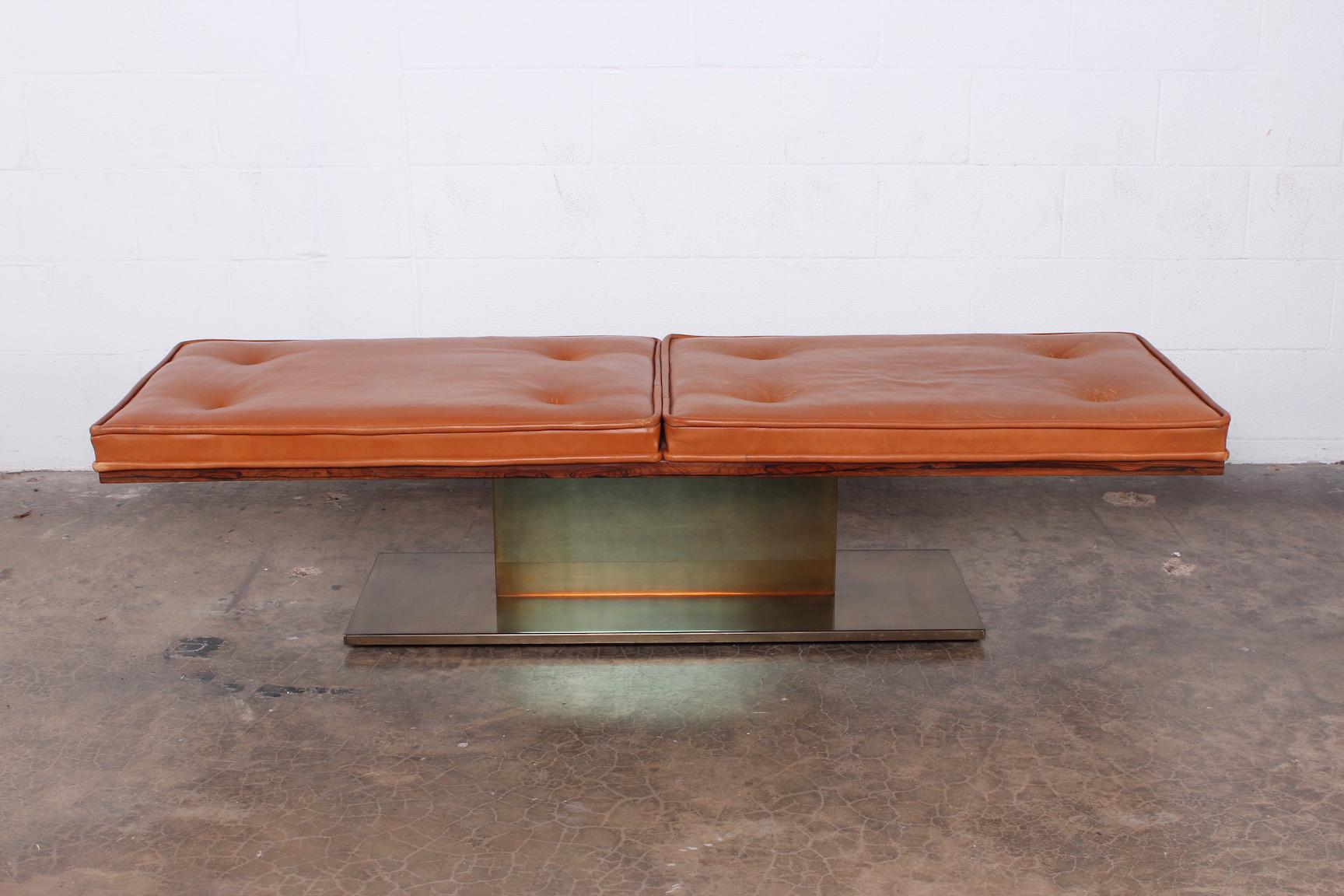 A rare bronze and leather bench designed by Warren Platner for Lehigh Leopold. Pair available.
