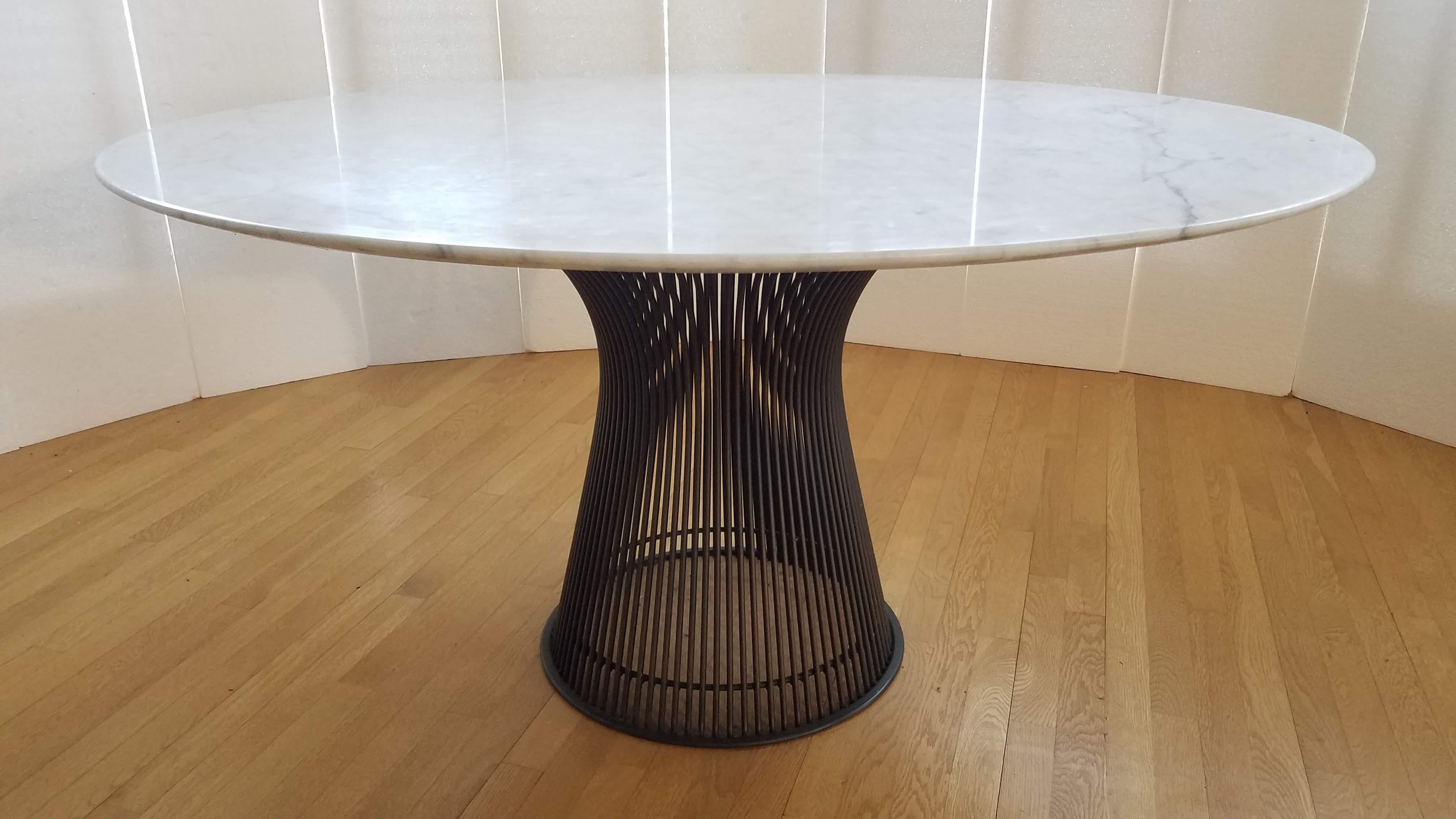 Warren Platner dining table with a bronze pigmented welded rod base with its original Arabescato Marble top by Knoll late 1960s.
Warren Platner worked for I.M. Pei and Eero Saarinen prior to designing the Platner collection for Knoll in 1962.
He