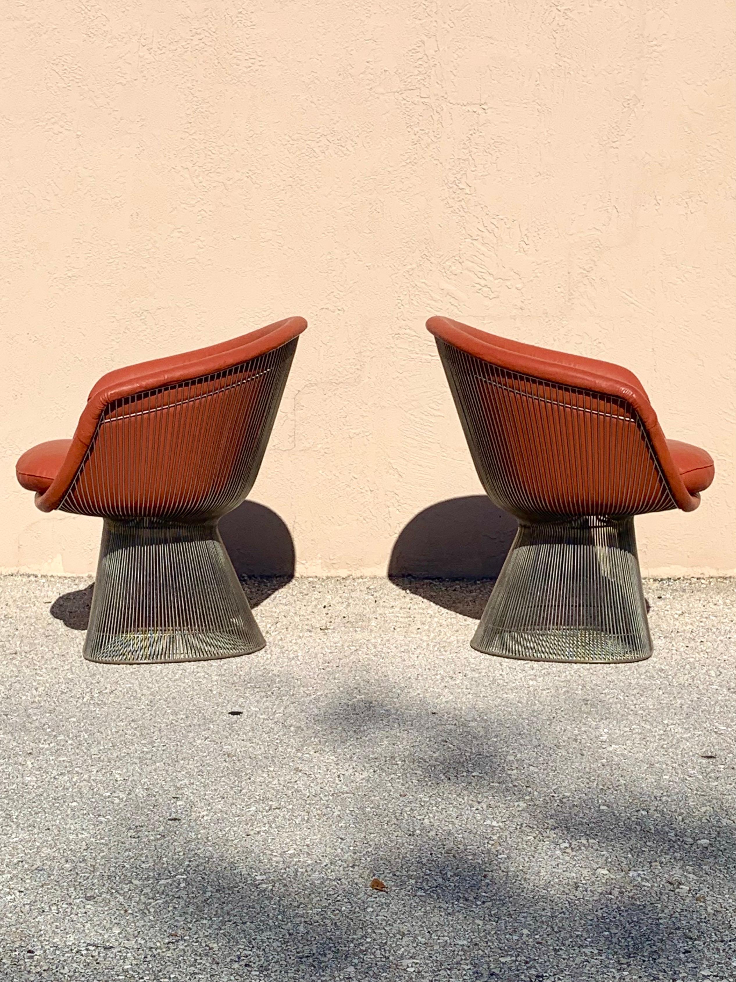 Mid-Century Modern Warren Platner Chairs for Knoll, Nickel Frames, Orange Leather Upholstery, Pair