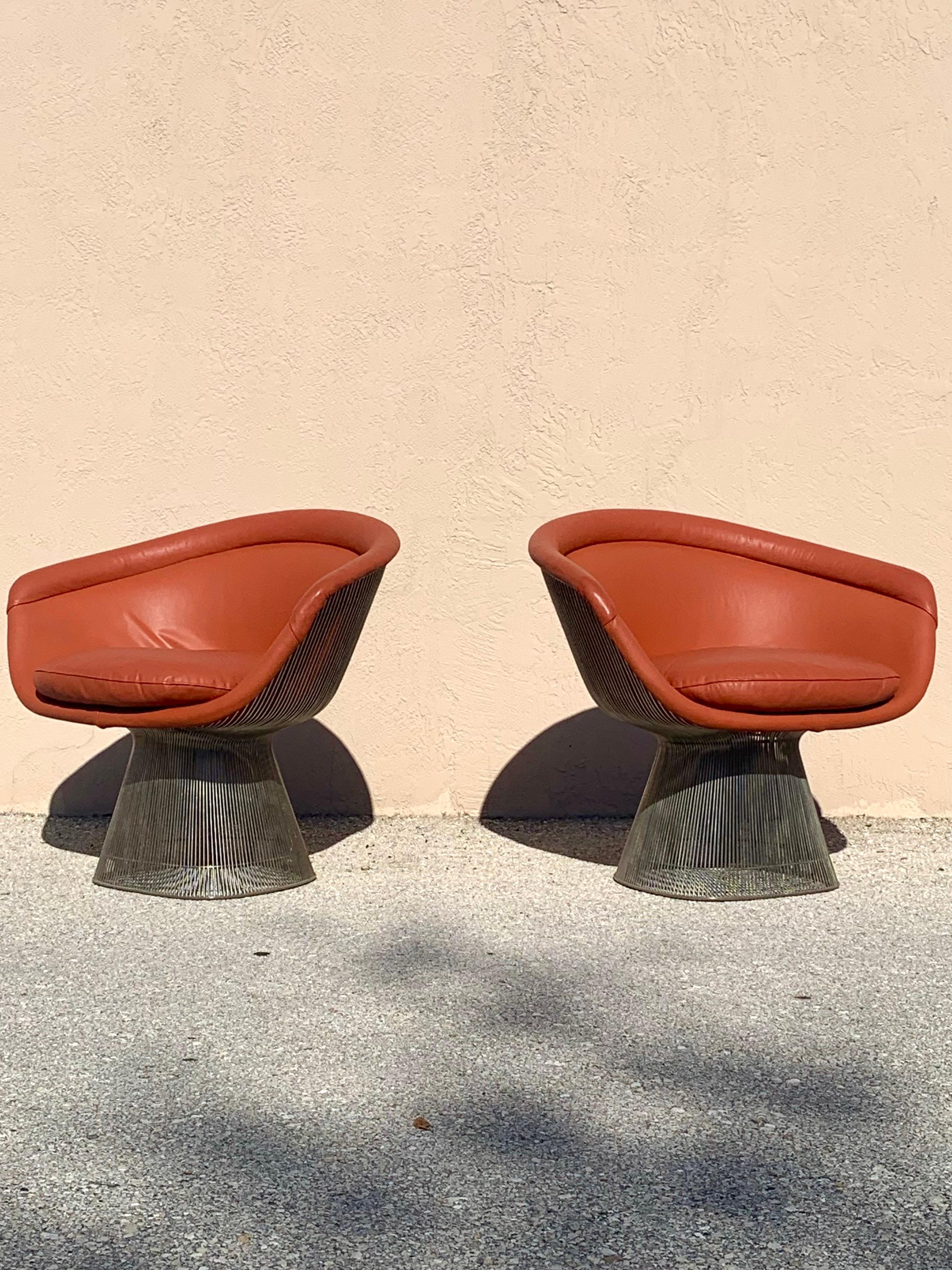 American Warren Platner Chairs for Knoll, Nickel Frames, Orange Leather Upholstery, Pair
