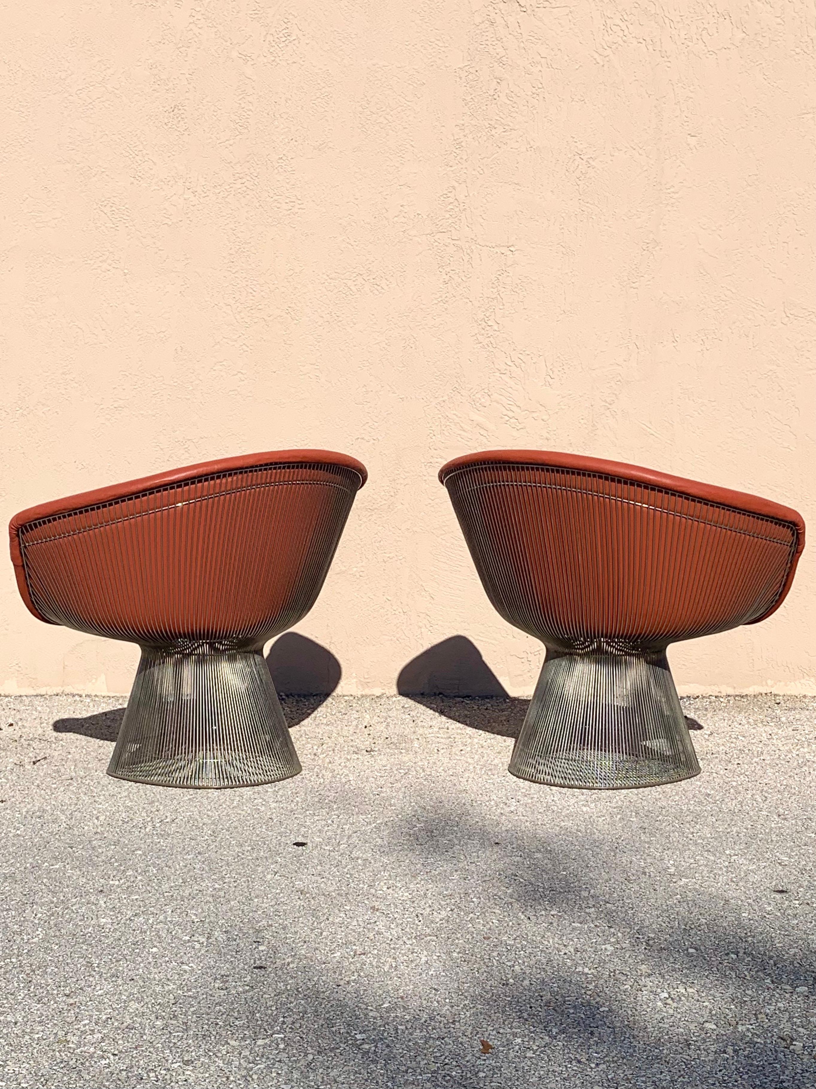 Mid-20th Century Warren Platner Chairs for Knoll, Nickel Frames, Orange Leather Upholstery, Pair